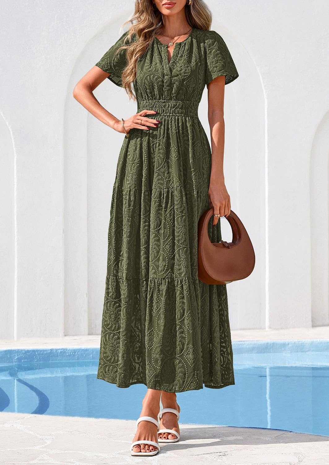 image:imagePRETTYGARDEN Womens Maxi Dress 2026 Floral Summer Spring Embroidered Boho Short Sleeve V Neck A Line Wedding Guest DressesArmy Green