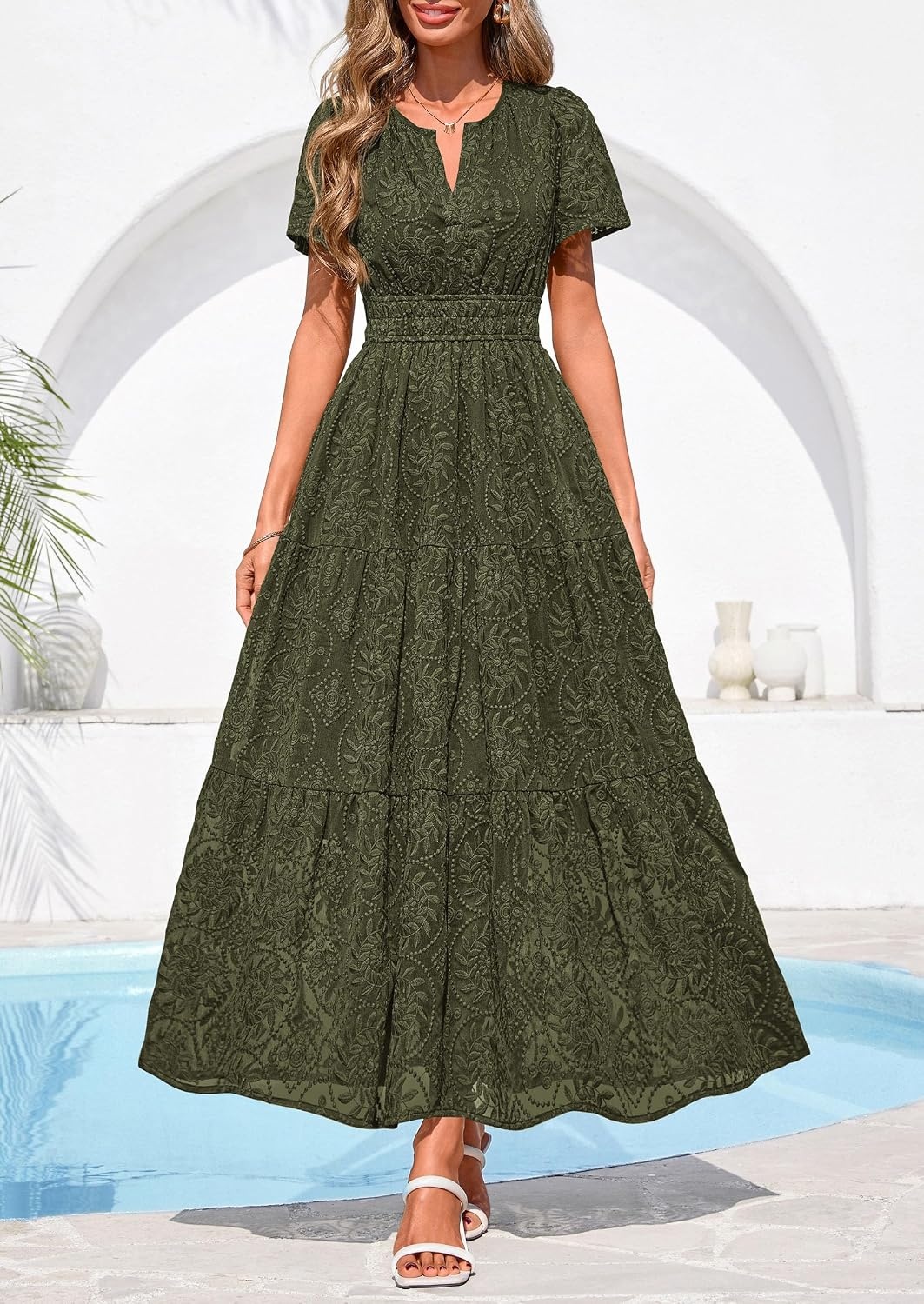 image:imagePRETTYGARDEN Womens Maxi Dress 2026 Floral Summer Spring Embroidered Boho Short Sleeve V Neck A Line Wedding Guest DressesArmy Green