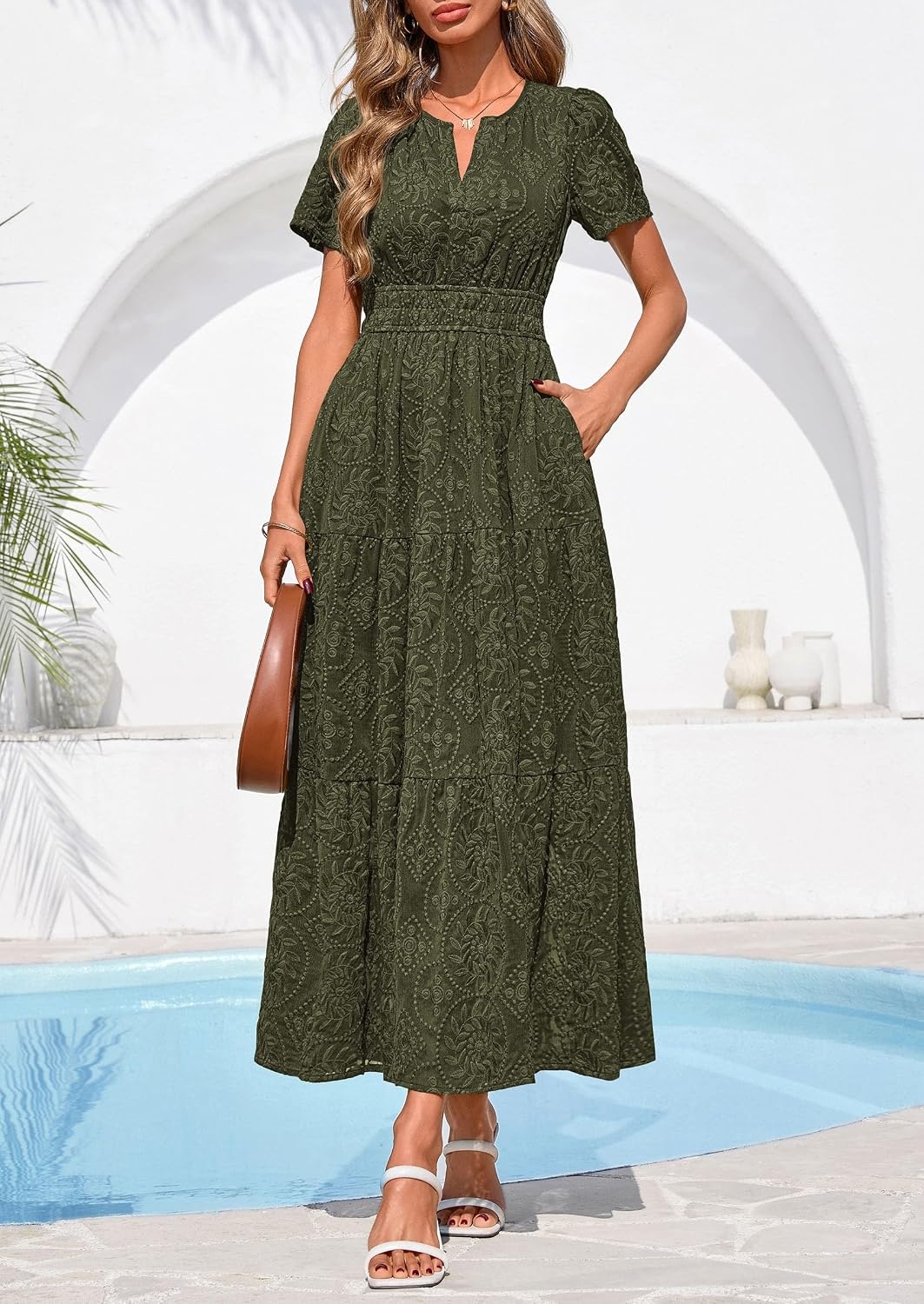 image:imagePRETTYGARDEN Womens Maxi Dress 2026 Floral Summer Spring Embroidered Boho Short Sleeve V Neck A Line Wedding Guest DressesArmy Green