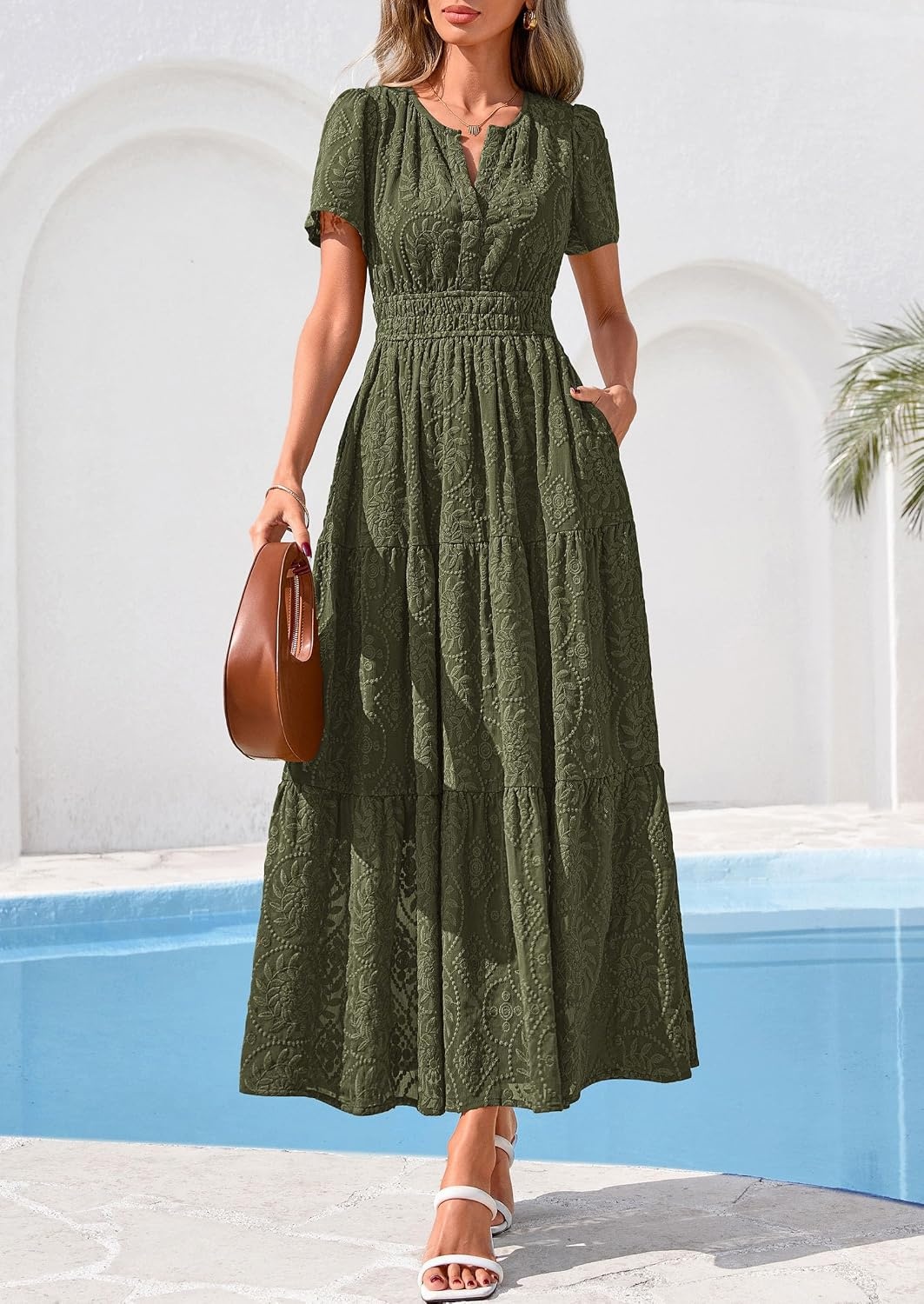 image:imagePRETTYGARDEN Womens Maxi Dress 2026 Floral Summer Spring Embroidered Boho Short Sleeve V Neck A Line Wedding Guest DressesArmy Green