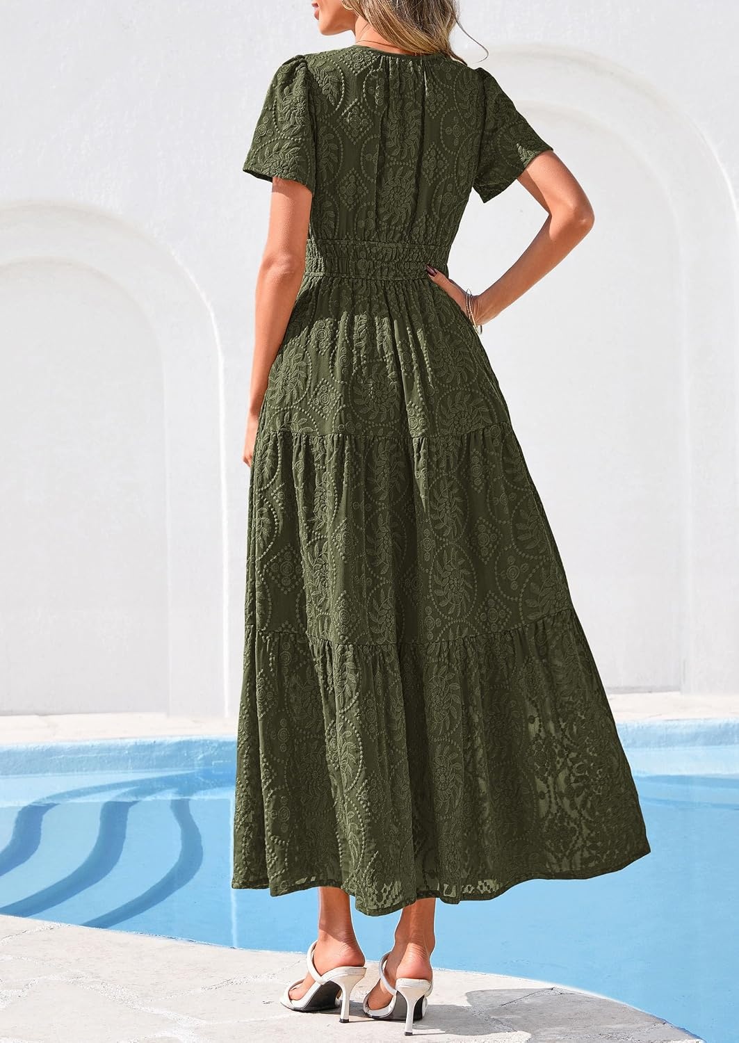 image:imagePRETTYGARDEN Womens Maxi Dress 2026 Floral Summer Spring Embroidered Boho Short Sleeve V Neck A Line Wedding Guest DressesArmy Green