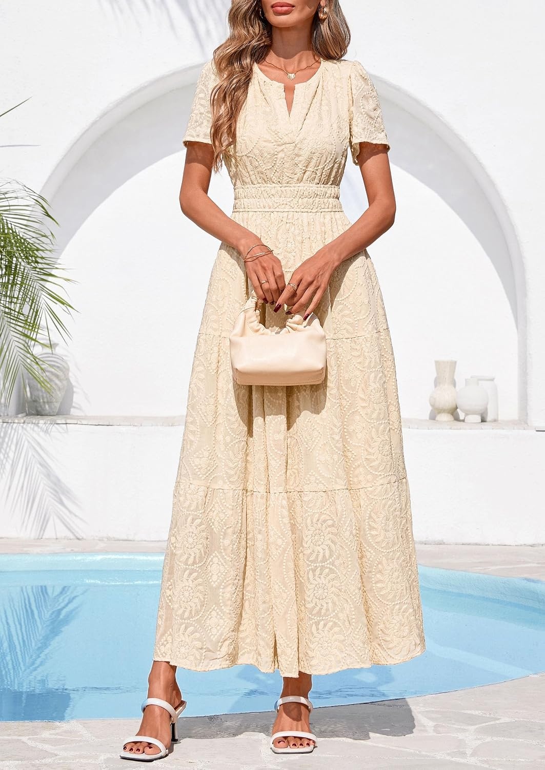 image:imagePRETTYGARDEN Womens Maxi Dress 2026 Floral Summer Spring Embroidered Boho Short Sleeve V Neck A Line Wedding Guest DressesBeige