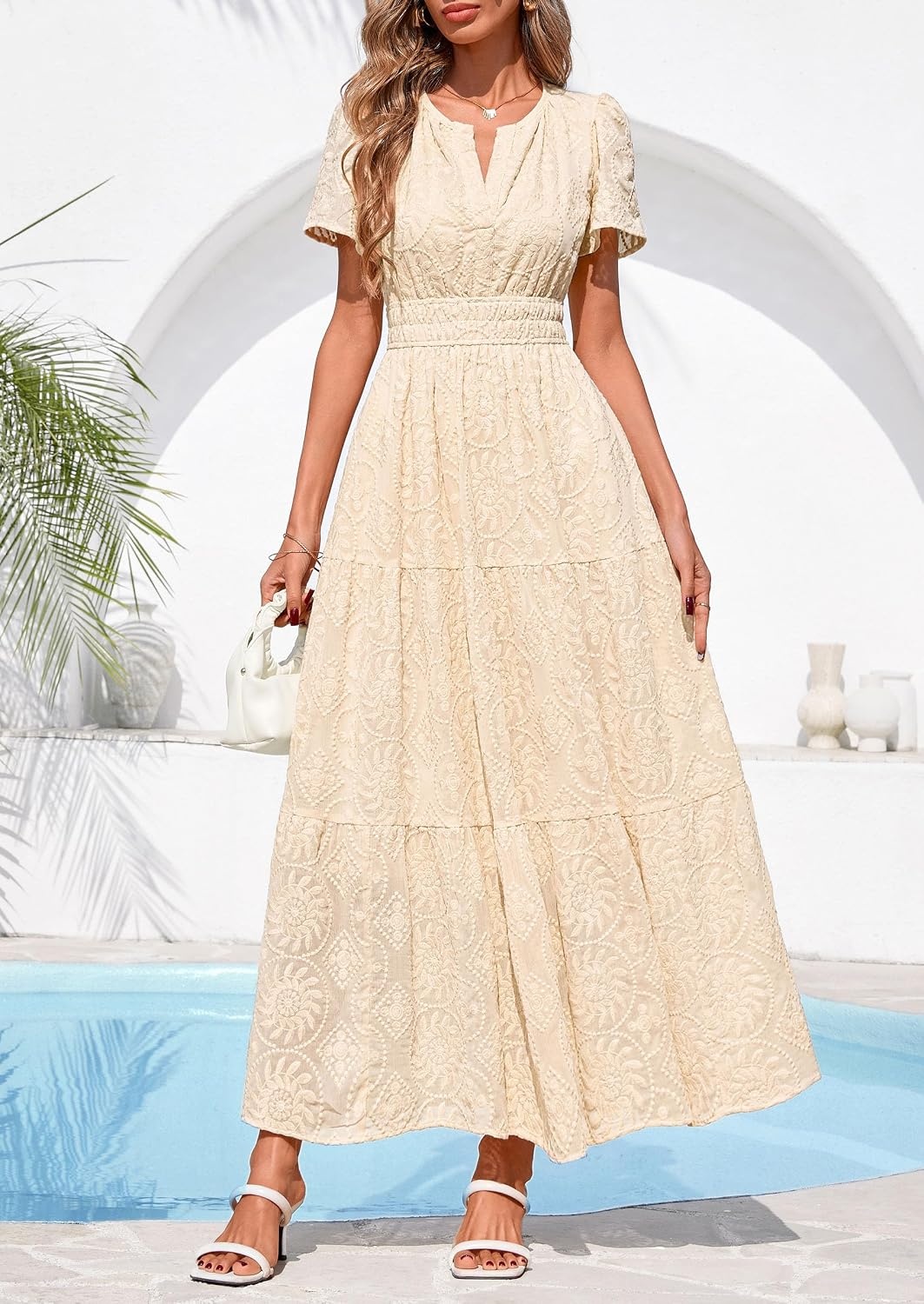 image:imagePRETTYGARDEN Womens Maxi Dress 2026 Floral Summer Spring Embroidered Boho Short Sleeve V Neck A Line Wedding Guest DressesBeige