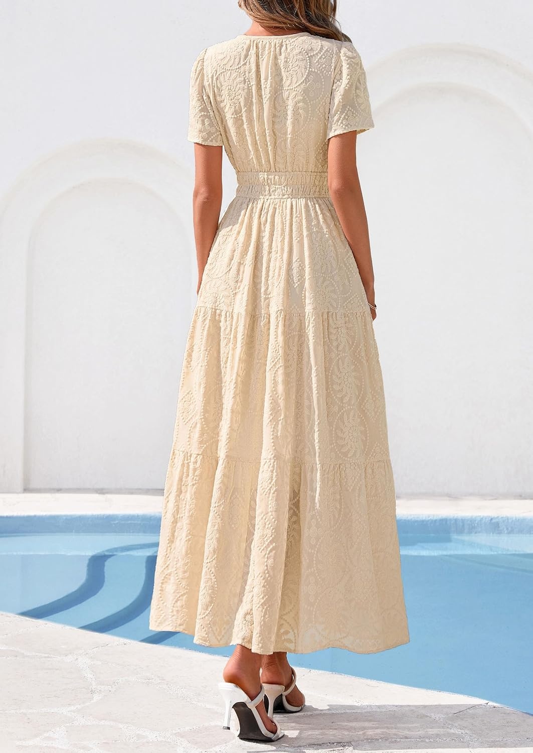 image:imagePRETTYGARDEN Womens Maxi Dress 2026 Floral Summer Spring Embroidered Boho Short Sleeve V Neck A Line Wedding Guest DressesBeige