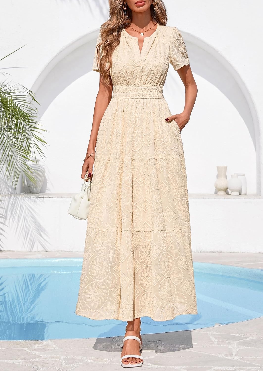 image:imagePRETTYGARDEN Womens Maxi Dress 2026 Floral Summer Spring Embroidered Boho Short Sleeve V Neck A Line Wedding Guest DressesBeige