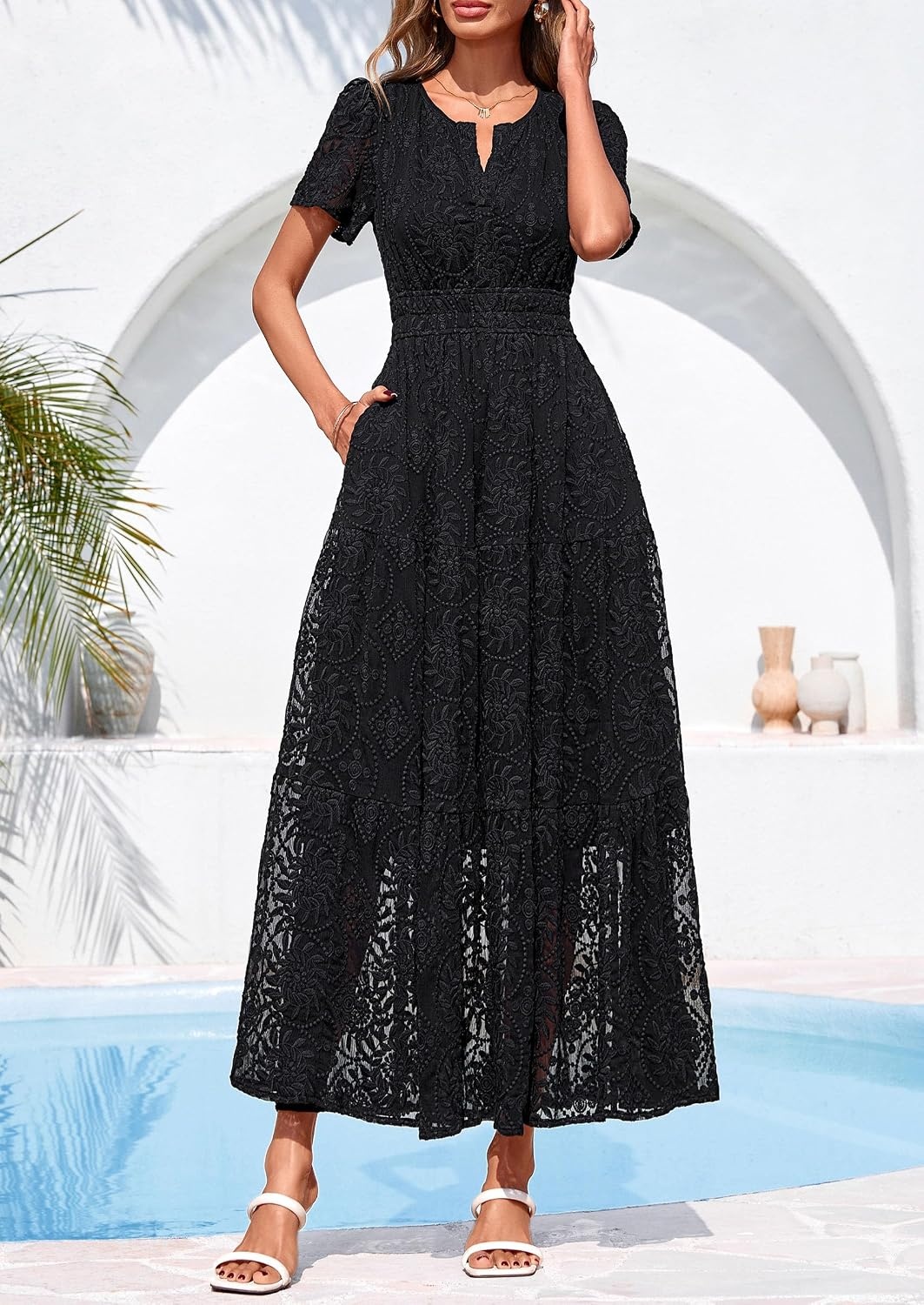 image:imagePRETTYGARDEN Womens Maxi Dress 2026 Floral Summer Spring Embroidered Boho Short Sleeve V Neck A Line Wedding Guest DressesBlack