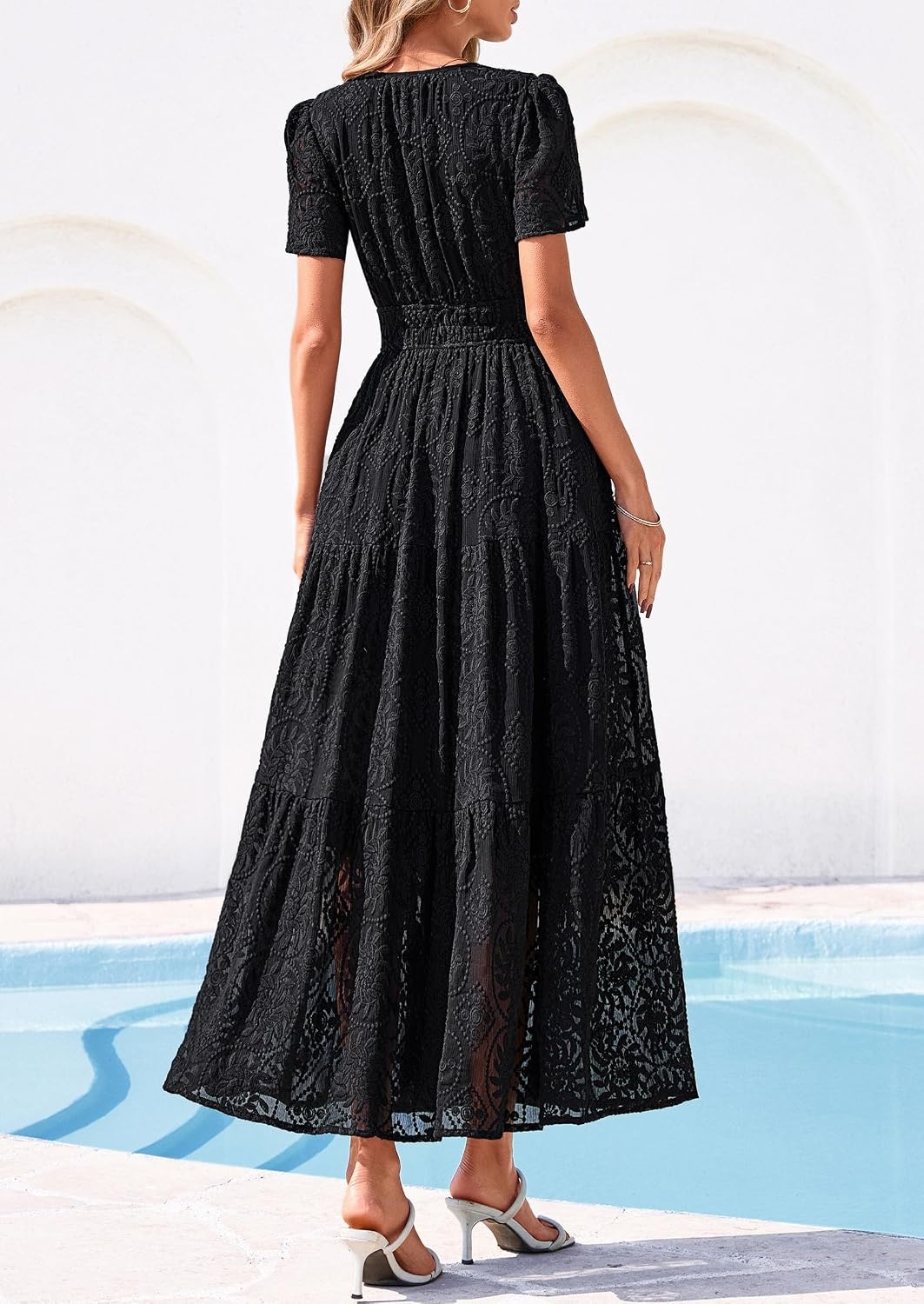 image:imagePRETTYGARDEN Womens Maxi Dress 2026 Floral Summer Spring Embroidered Boho Short Sleeve V Neck A Line Wedding Guest DressesBlack