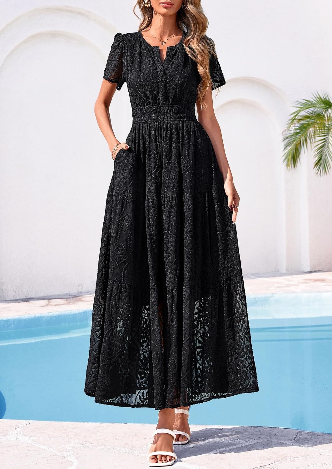 image:imagePRETTYGARDEN Womens Maxi Dress 2026 Floral Summer Spring Embroidered Boho Short Sleeve V Neck A Line Wedding Guest DressesBlack