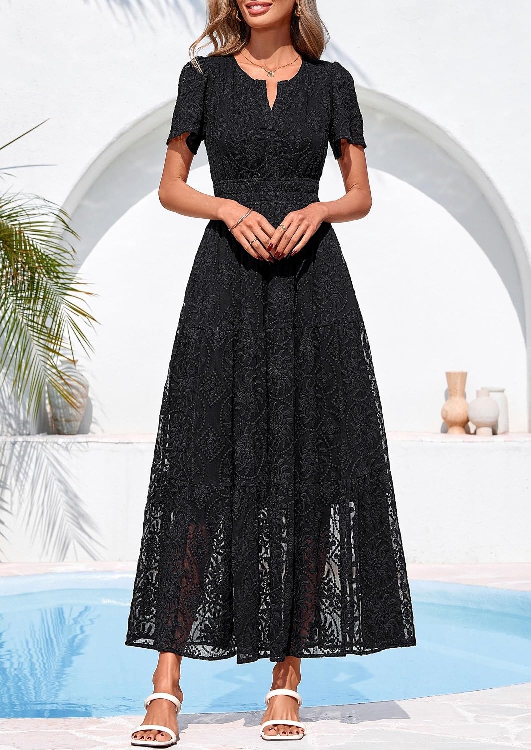 image:imagePRETTYGARDEN Womens Maxi Dress 2026 Floral Summer Spring Embroidered Boho Short Sleeve V Neck A Line Wedding Guest DressesBlack