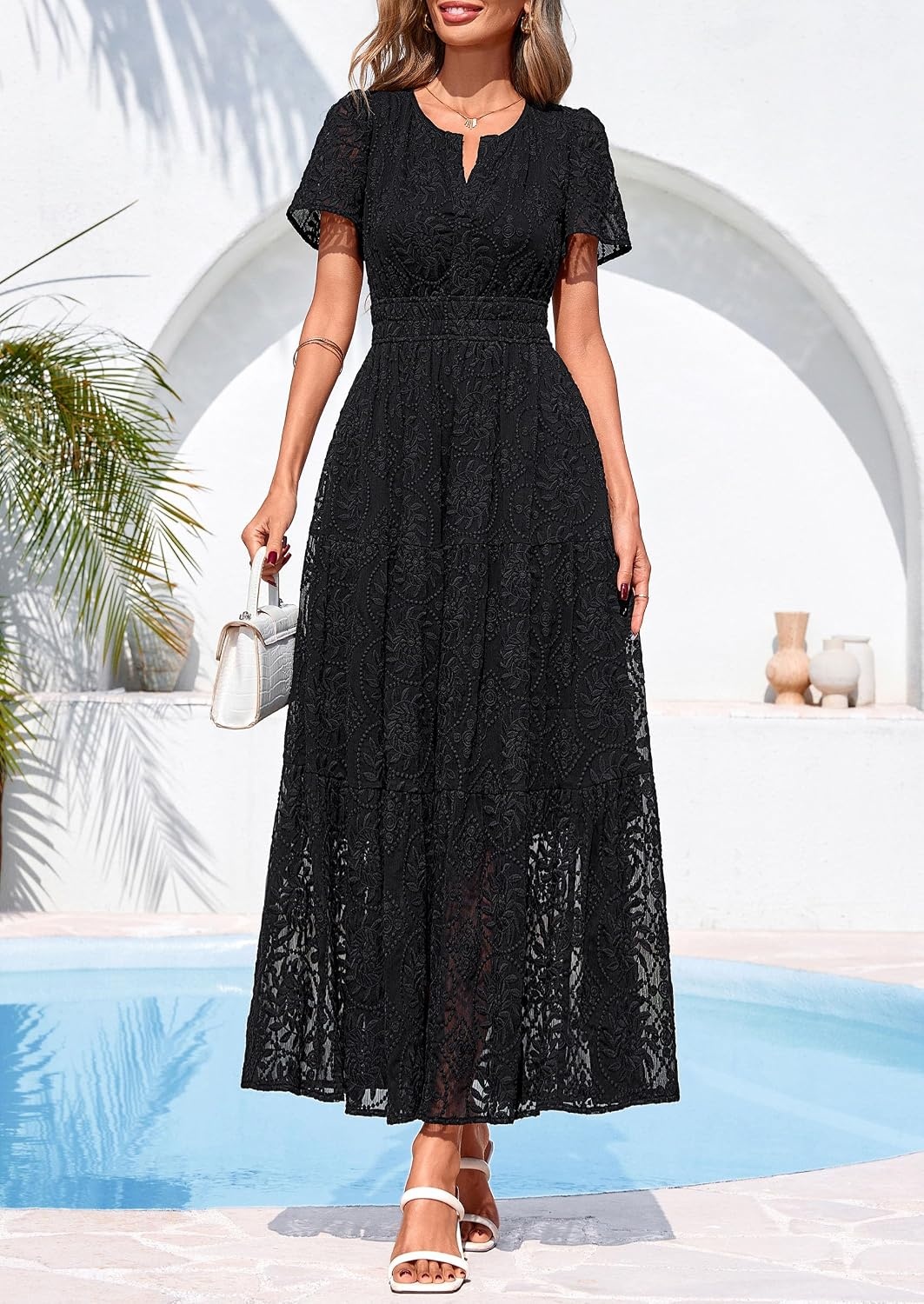 image:imagePRETTYGARDEN Womens Maxi Dress 2026 Floral Summer Spring Embroidered Boho Short Sleeve V Neck A Line Wedding Guest DressesBlack
