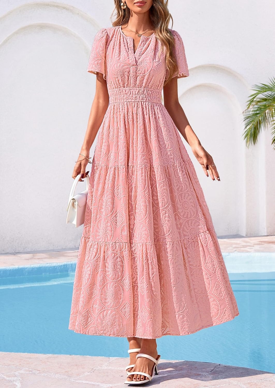 image:imagePRETTYGARDEN Womens Maxi Dress 2026 Floral Summer Spring Embroidered Boho Short Sleeve V Neck A Line Wedding Guest DressesPink