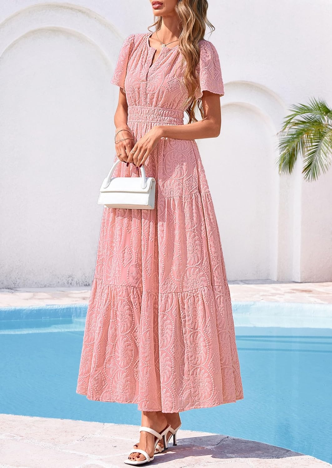 image:imagePRETTYGARDEN Womens Maxi Dress 2026 Floral Summer Spring Embroidered Boho Short Sleeve V Neck A Line Wedding Guest DressesPink