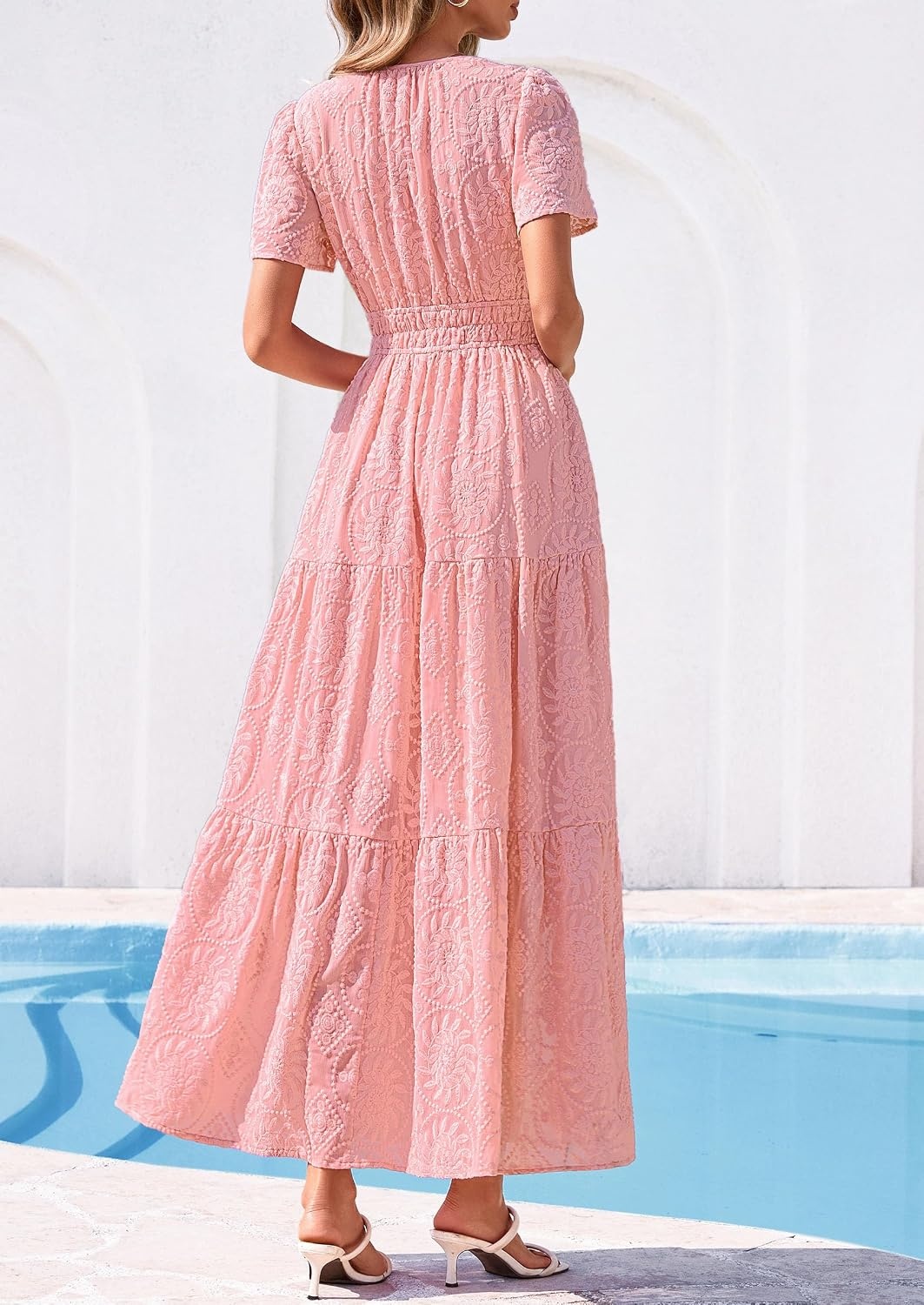 image:imagePRETTYGARDEN Womens Maxi Dress 2026 Floral Summer Spring Embroidered Boho Short Sleeve V Neck A Line Wedding Guest DressesPink
