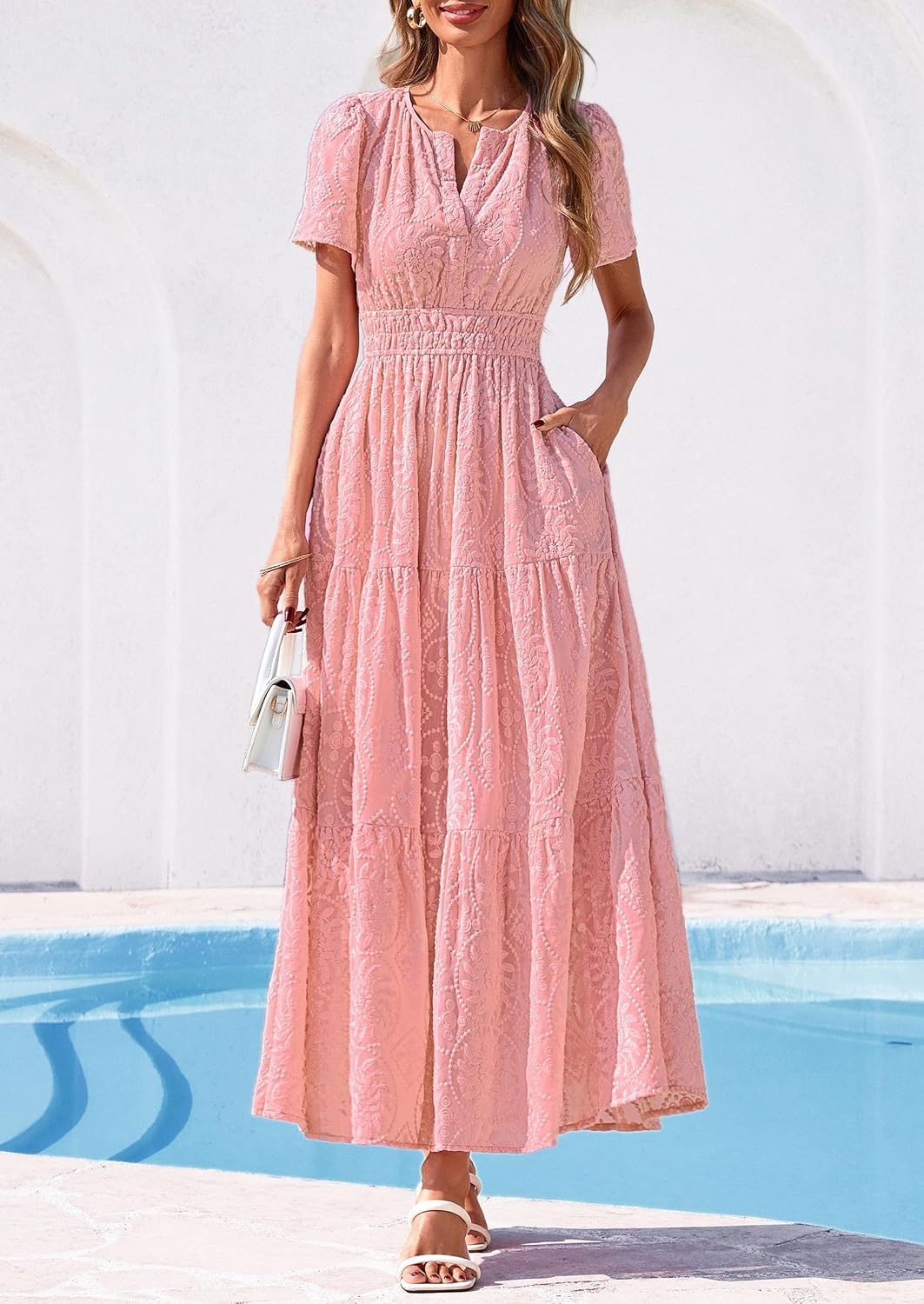 image:imagePRETTYGARDEN Womens Maxi Dress 2026 Floral Summer Spring Embroidered Boho Short Sleeve V Neck A Line Wedding Guest DressesPink