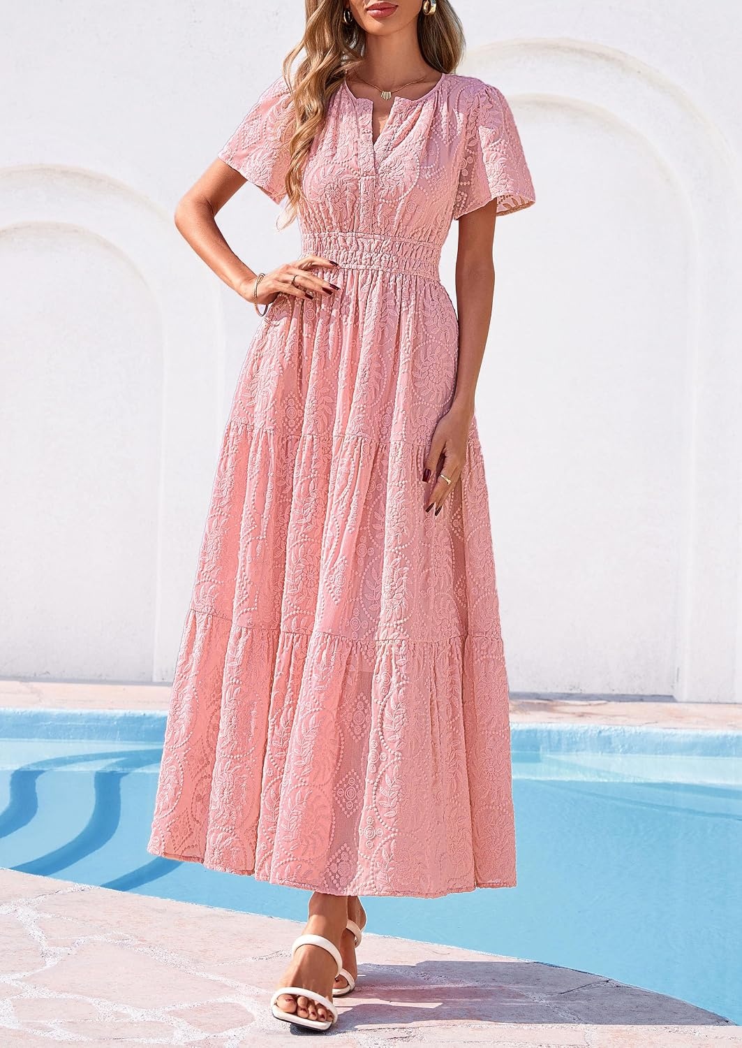 image:imagePRETTYGARDEN Womens Maxi Dress 2026 Floral Summer Spring Embroidered Boho Short Sleeve V Neck A Line Wedding Guest DressesPink