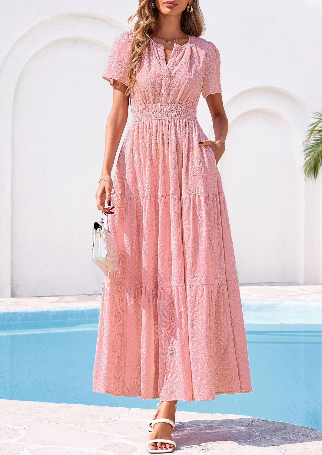 image:imagePRETTYGARDEN Womens Maxi Dress 2026 Floral Summer Spring Embroidered Boho Short Sleeve V Neck A Line Wedding Guest DressesPink