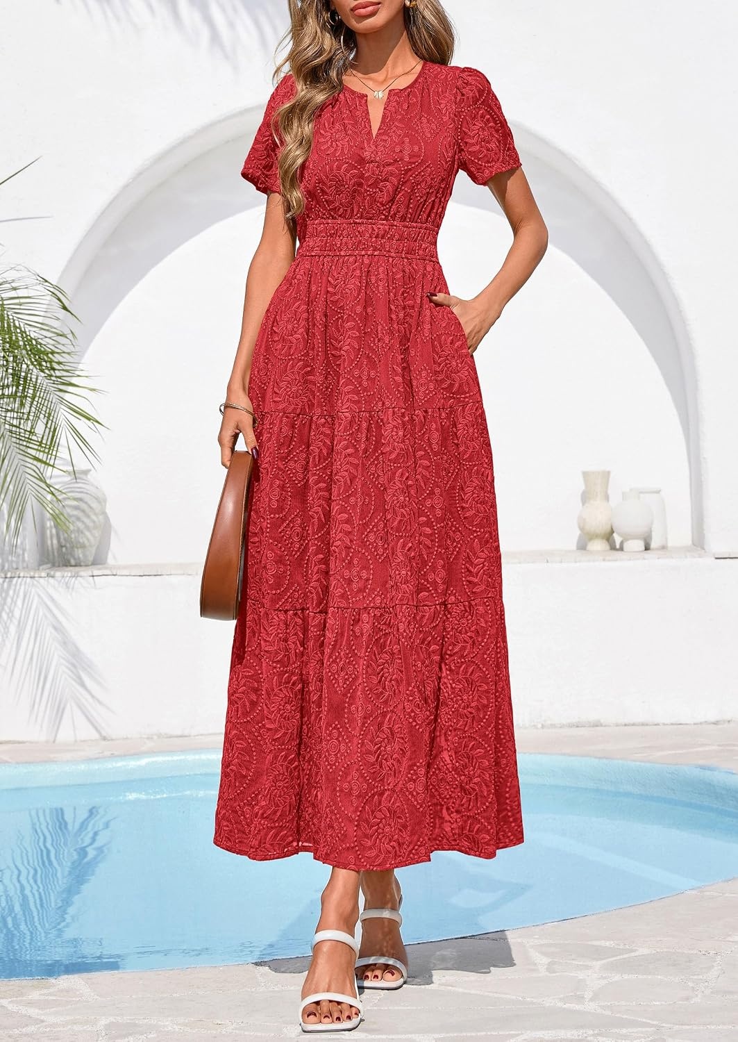 image:imagePRETTYGARDEN Womens Maxi Dress 2026 Floral Summer Spring Embroidered Boho Short Sleeve V Neck A Line Wedding Guest DressesRed
