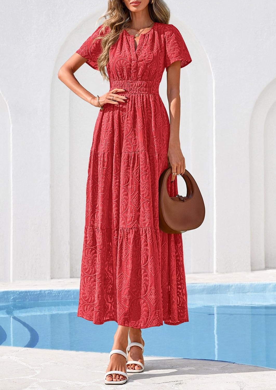 image:imagePRETTYGARDEN Womens Maxi Dress 2026 Floral Summer Spring Embroidered Boho Short Sleeve V Neck A Line Wedding Guest DressesRed