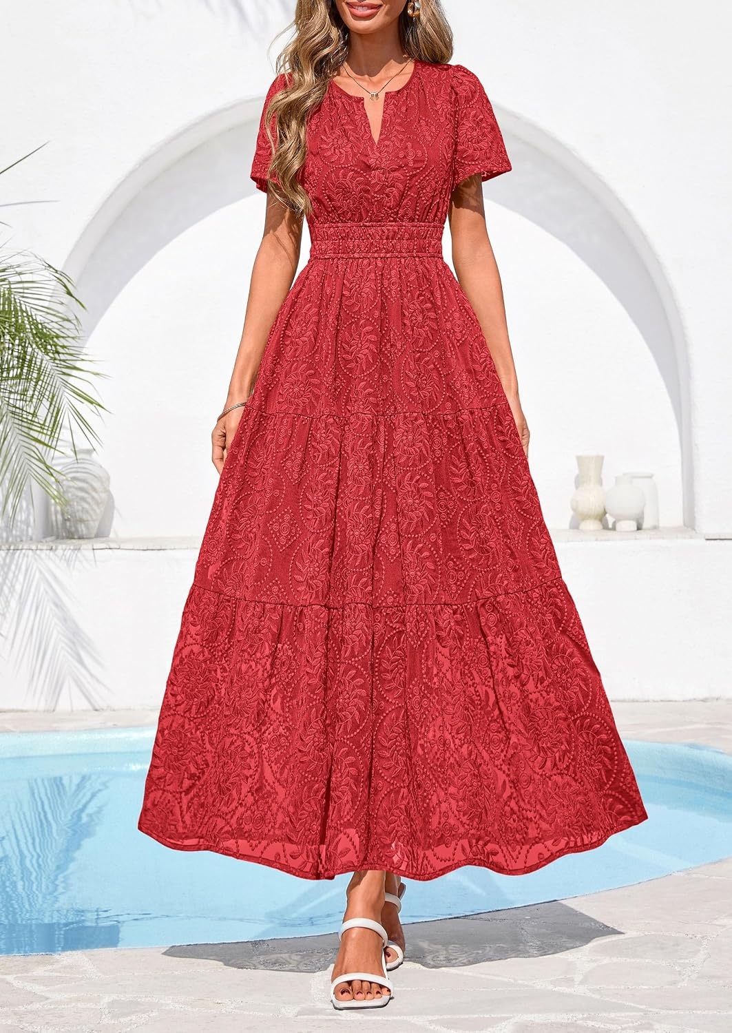 image:imagePRETTYGARDEN Womens Maxi Dress 2026 Floral Summer Spring Embroidered Boho Short Sleeve V Neck A Line Wedding Guest DressesRed