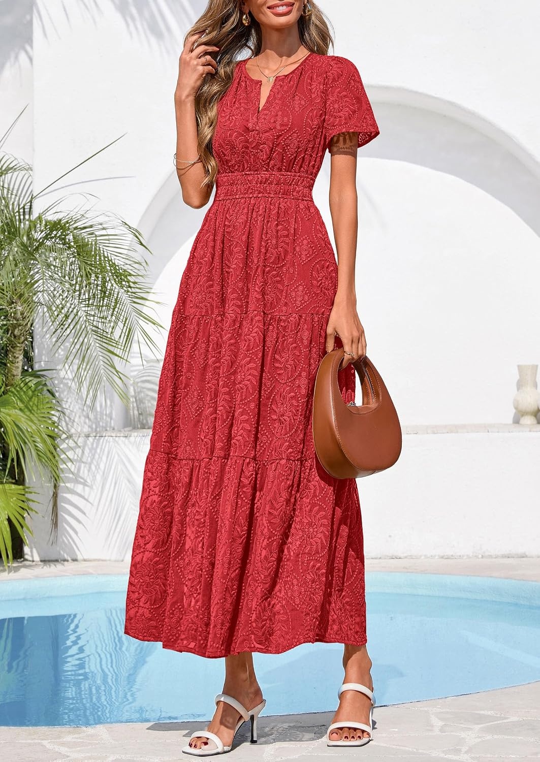 image:imagePRETTYGARDEN Womens Maxi Dress 2026 Floral Summer Spring Embroidered Boho Short Sleeve V Neck A Line Wedding Guest DressesRed