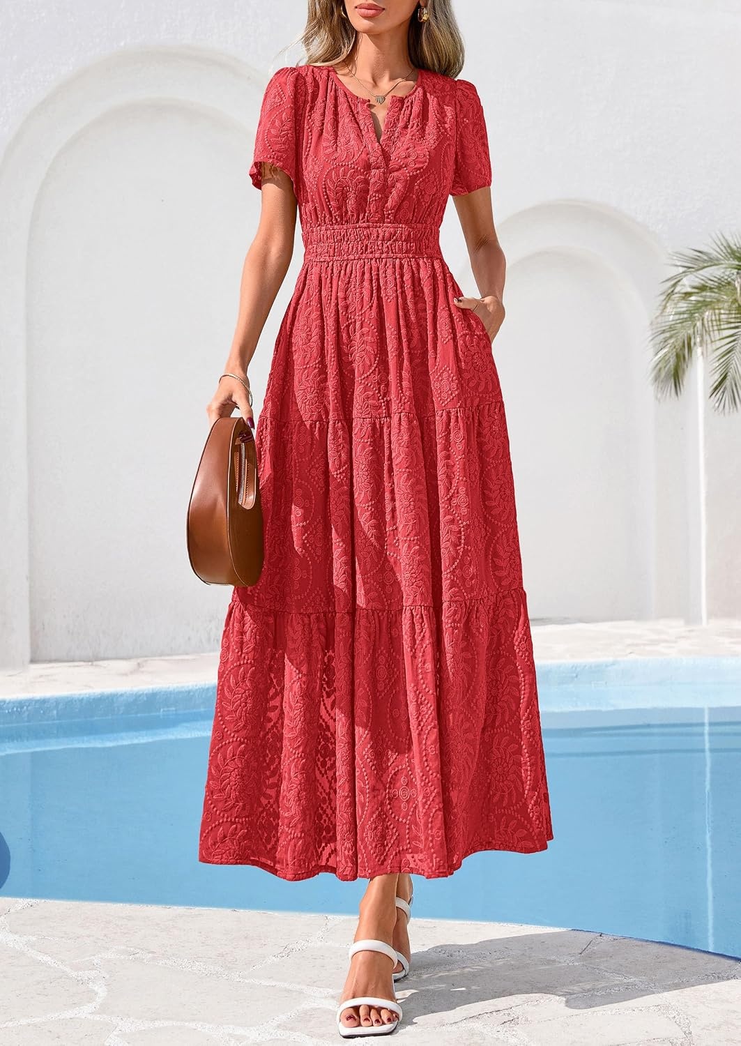 image:imagePRETTYGARDEN Womens Maxi Dress 2026 Floral Summer Spring Embroidered Boho Short Sleeve V Neck A Line Wedding Guest DressesRed