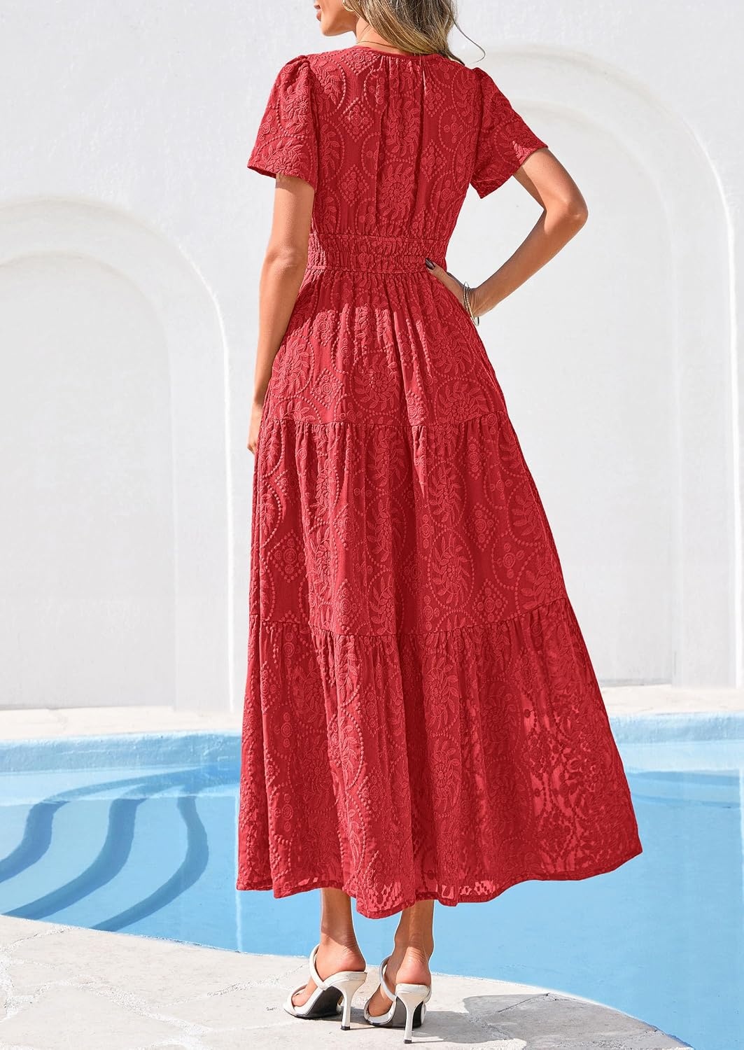 image:imagePRETTYGARDEN Womens Maxi Dress 2026 Floral Summer Spring Embroidered Boho Short Sleeve V Neck A Line Wedding Guest DressesRed