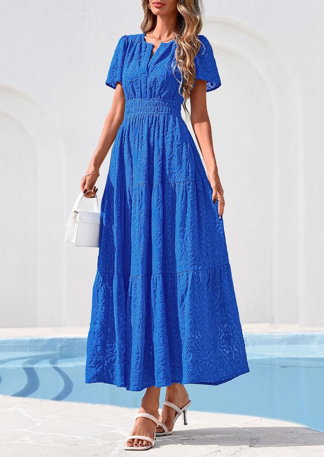 image:imagePRETTYGARDEN Womens Maxi Dress 2026 Floral Summer Spring Embroidered Boho Short Sleeve V Neck A Line Wedding Guest DressesRoyal Blue