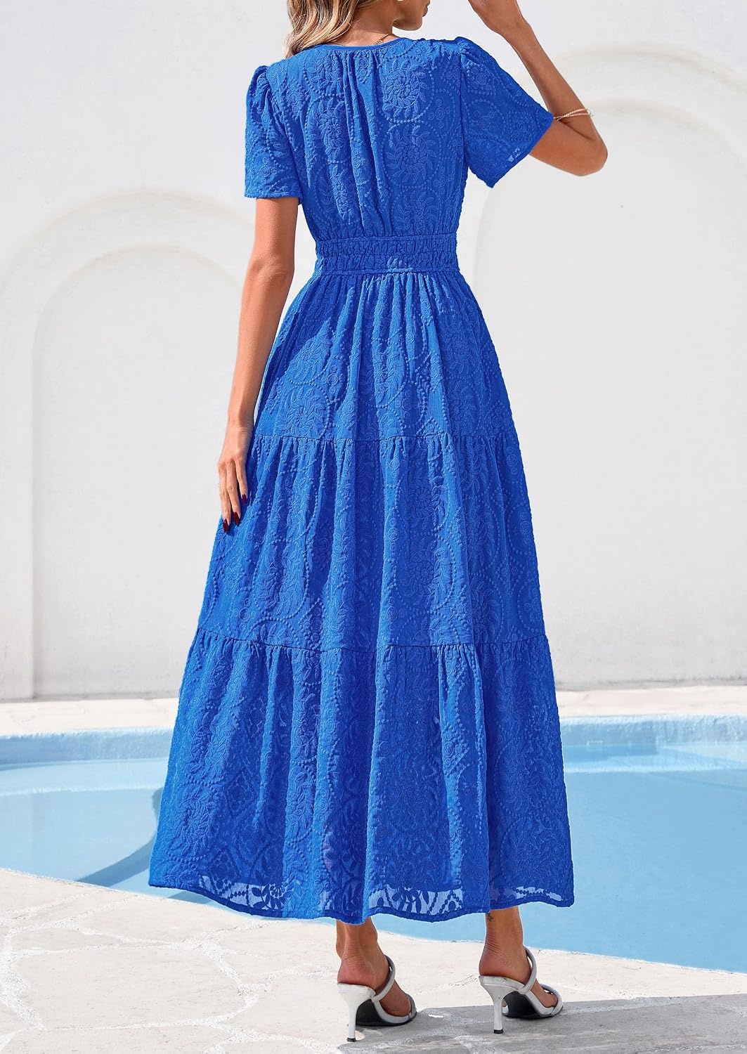 image:imagePRETTYGARDEN Womens Maxi Dress 2026 Floral Summer Spring Embroidered Boho Short Sleeve V Neck A Line Wedding Guest DressesRoyal Blue