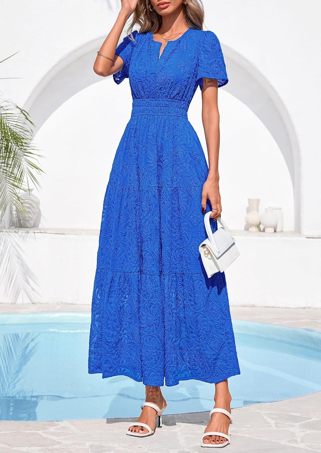 image:imagePRETTYGARDEN Womens Maxi Dress 2026 Floral Summer Spring Embroidered Boho Short Sleeve V Neck A Line Wedding Guest DressesRoyal Blue