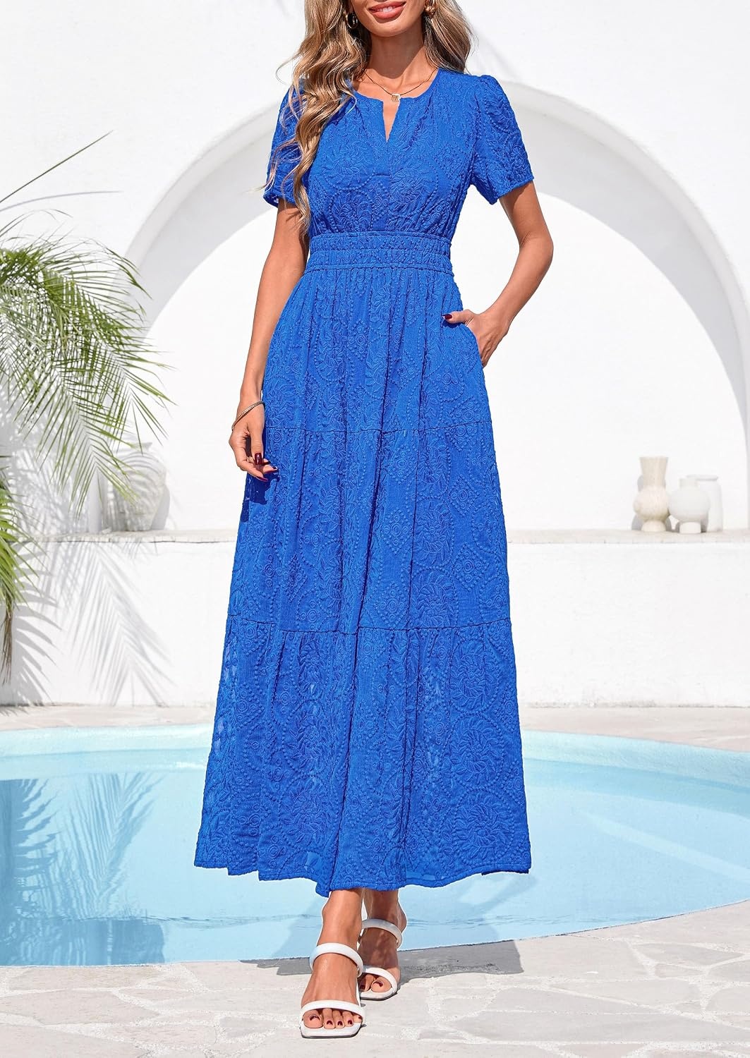 image:imagePRETTYGARDEN Womens Maxi Dress 2026 Floral Summer Spring Embroidered Boho Short Sleeve V Neck A Line Wedding Guest DressesRoyal Blue