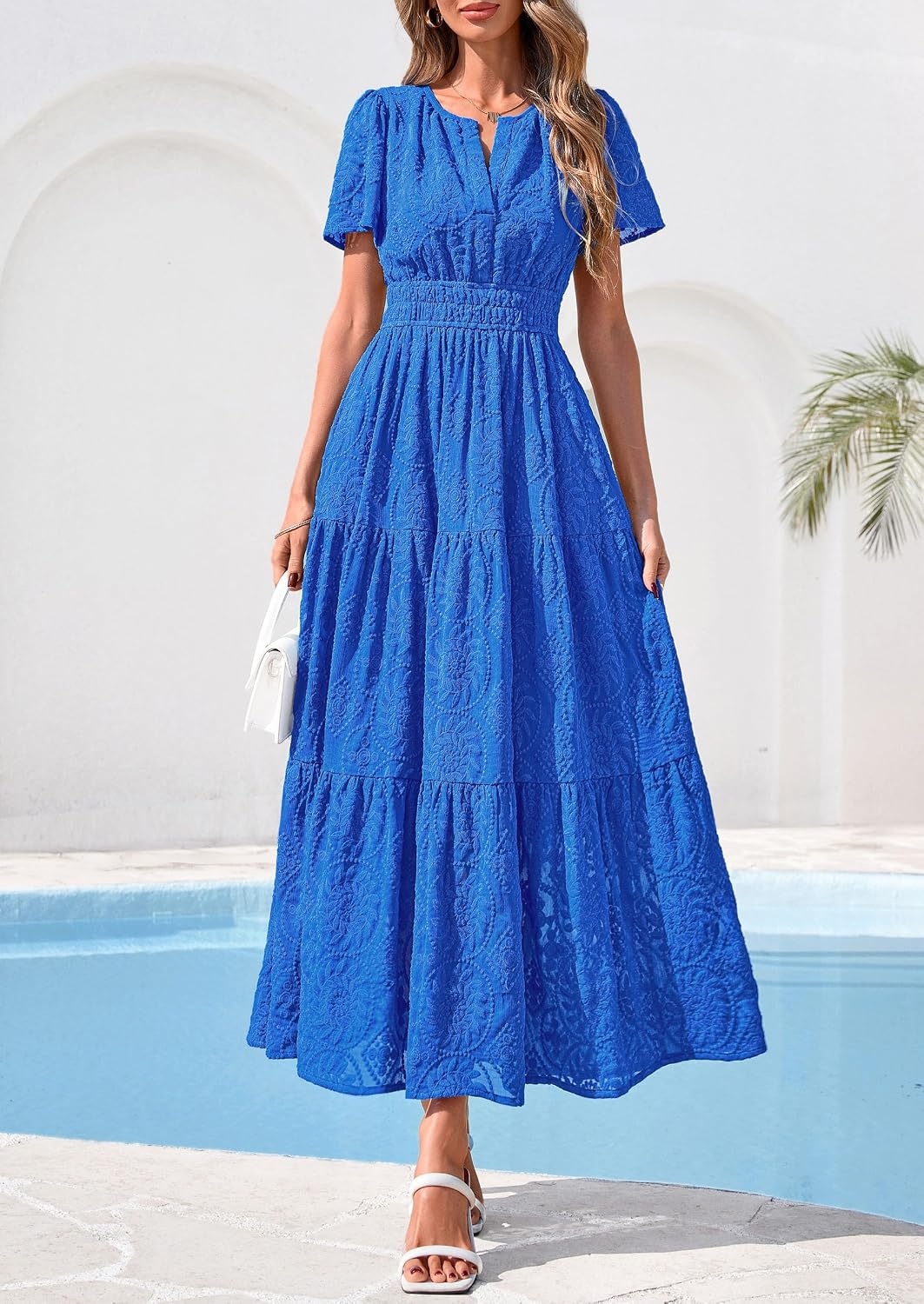 image:imagePRETTYGARDEN Womens Maxi Dress 2026 Floral Summer Spring Embroidered Boho Short Sleeve V Neck A Line Wedding Guest DressesRoyal Blue