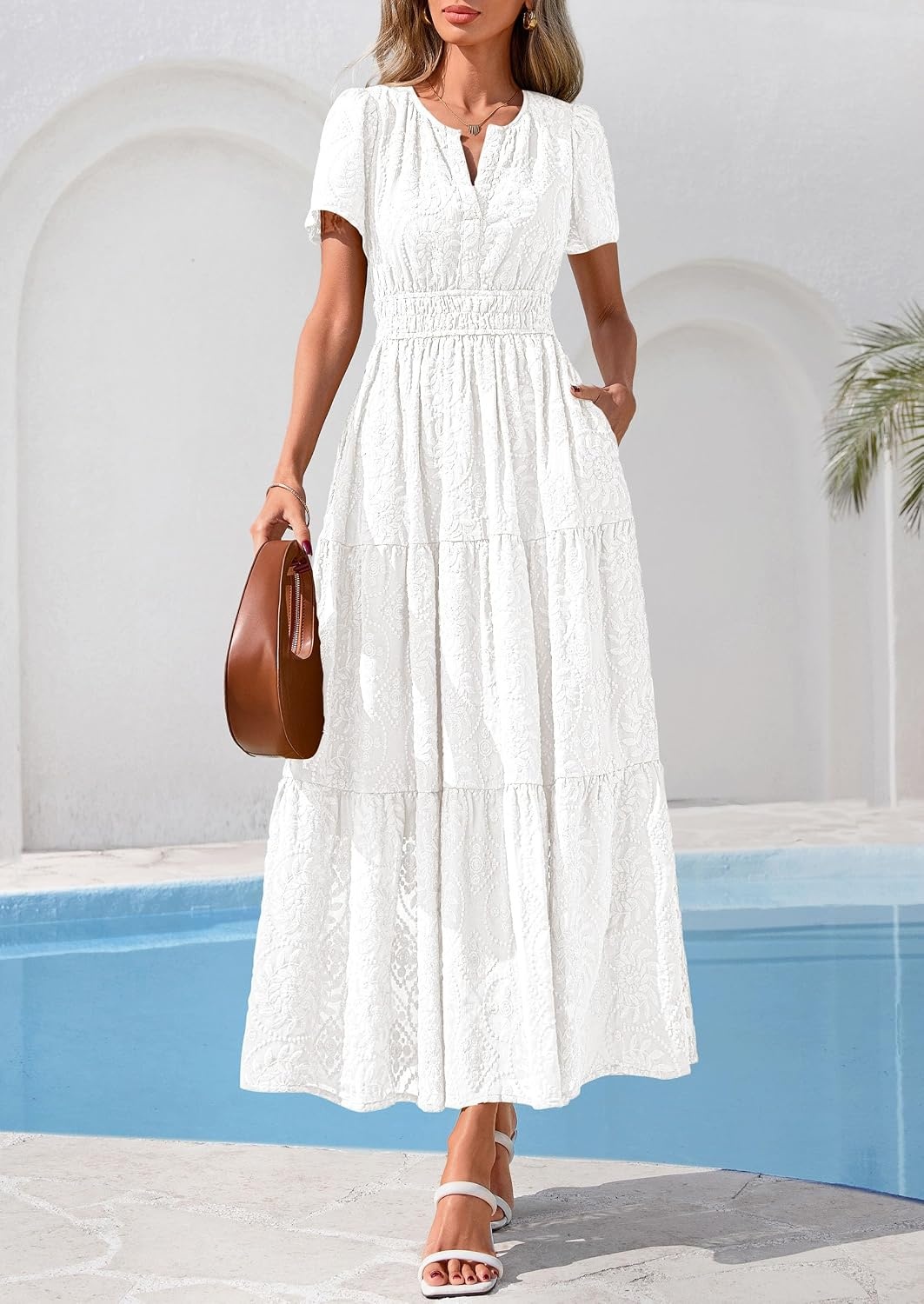 image:imagePRETTYGARDEN Womens Maxi Dress 2026 Floral Summer Spring Embroidered Boho Short Sleeve V Neck A Line Wedding Guest DressesWhite