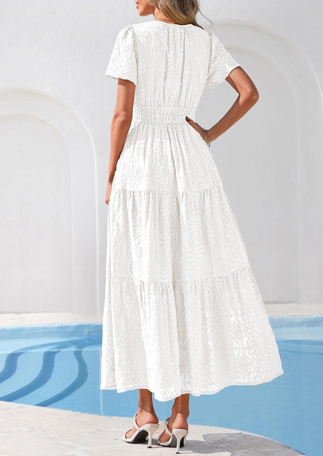 image:imagePRETTYGARDEN Womens Maxi Dress 2026 Floral Summer Spring Embroidered Boho Short Sleeve V Neck A Line Wedding Guest DressesWhite