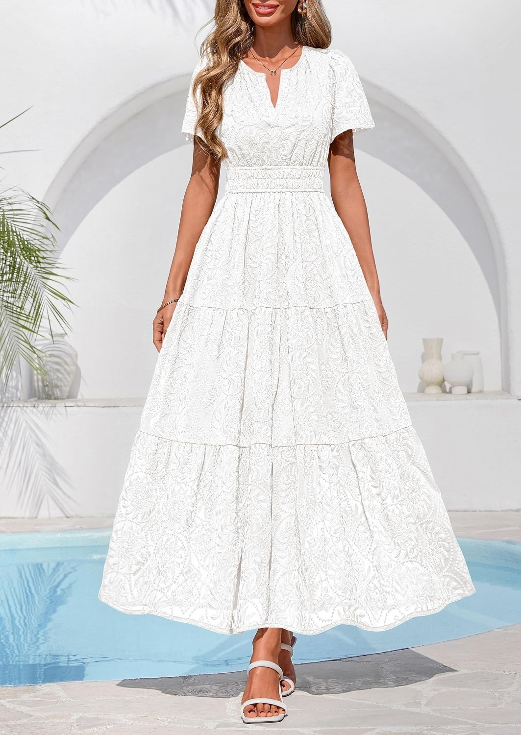 image:imagePRETTYGARDEN Womens Maxi Dress 2026 Floral Summer Spring Embroidered Boho Short Sleeve V Neck A Line Wedding Guest DressesWhite