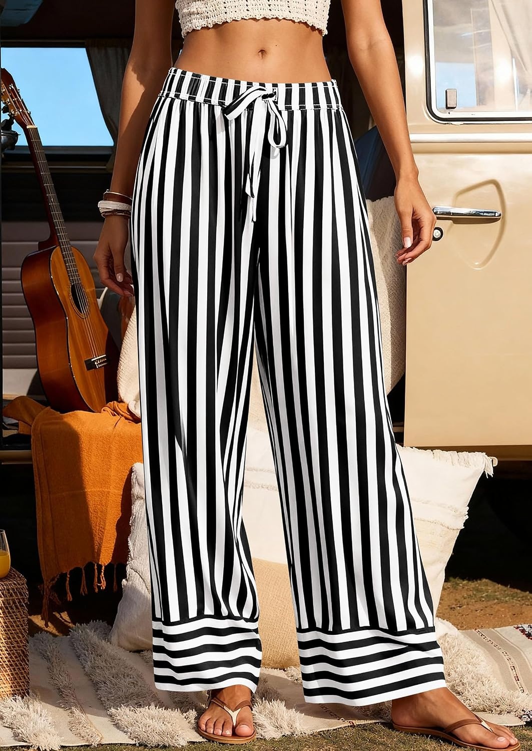 image:imagePRETTYGARDEN Womens Palazzo Pants 2026 Summer Striped Satin Wide Leg High Waisted Flowy Lounge Trousers PocketsStriped Black White
