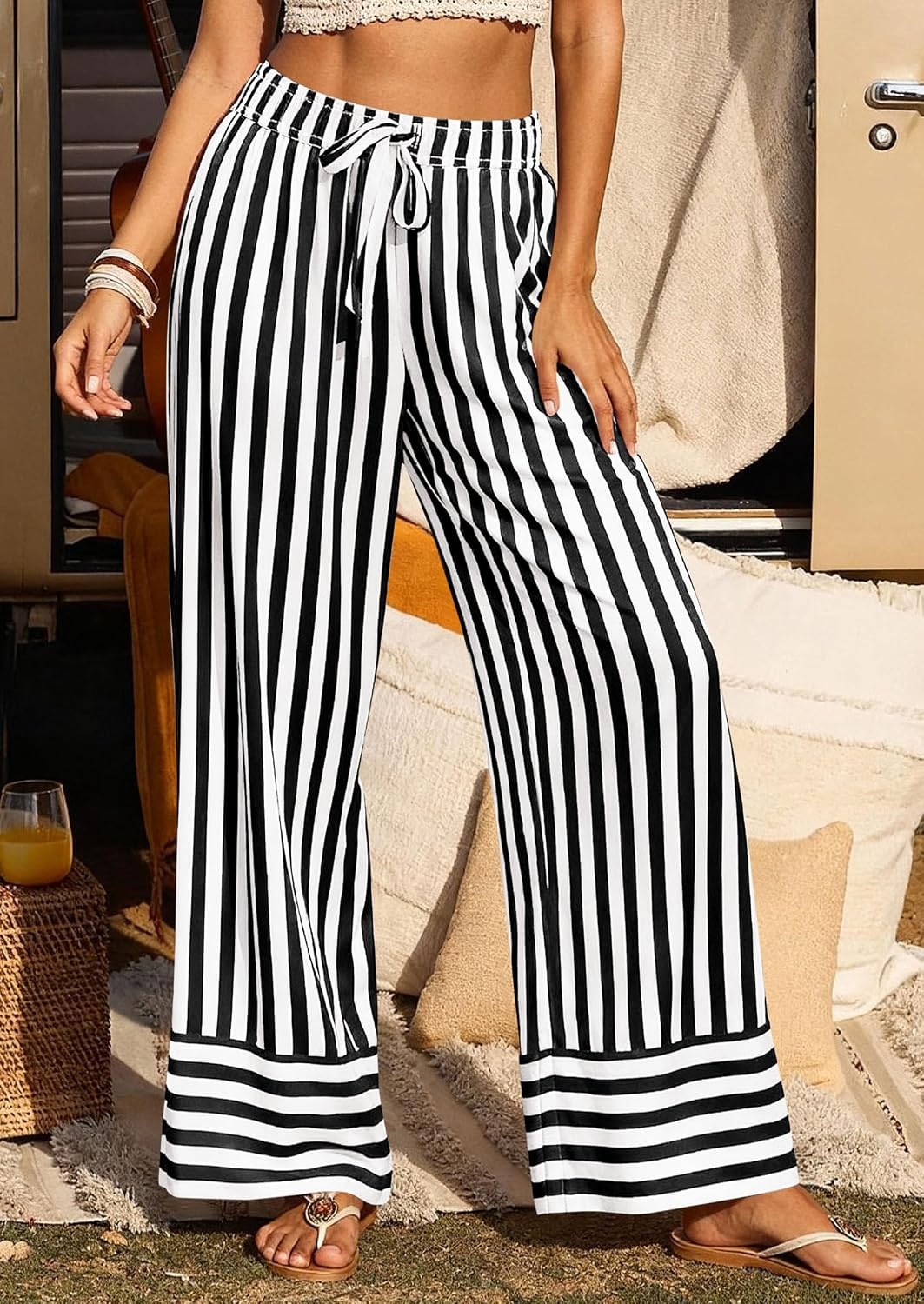 image:imagePRETTYGARDEN Womens Palazzo Pants 2026 Summer Striped Satin Wide Leg High Waisted Flowy Lounge Trousers PocketsStriped Black White