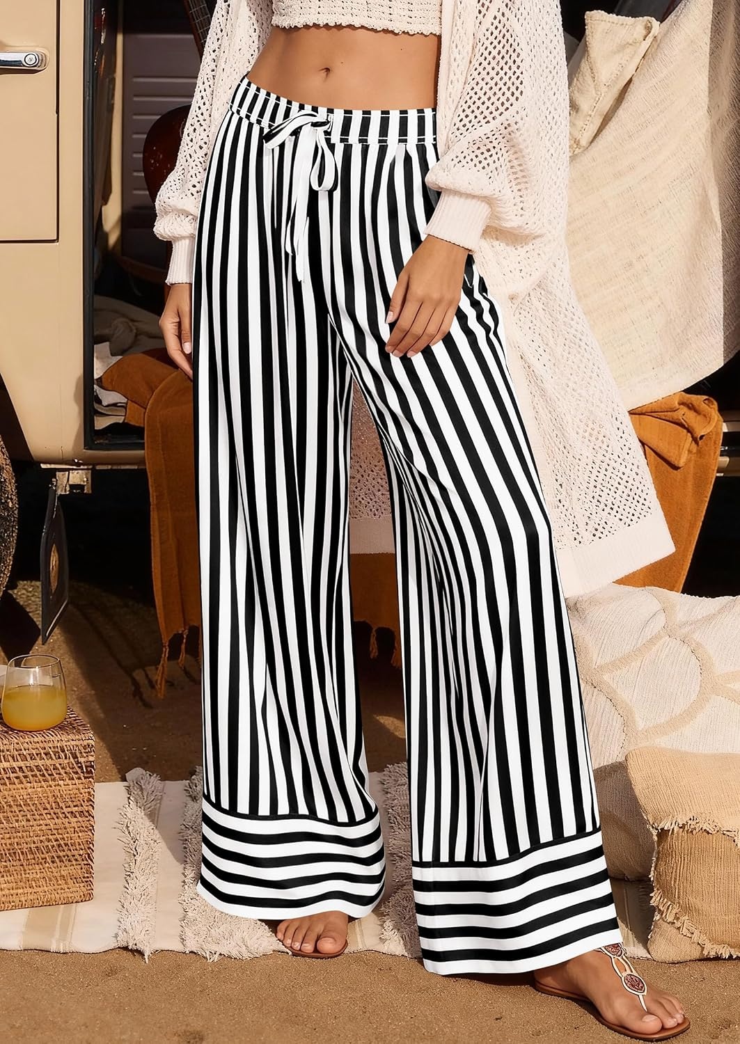 image:imagePRETTYGARDEN Womens Palazzo Pants 2026 Summer Striped Satin Wide Leg High Waisted Flowy Lounge Trousers PocketsStriped Black White