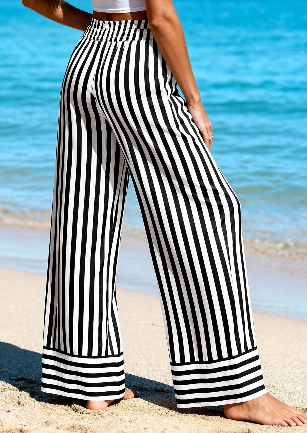 image:imagePRETTYGARDEN Womens Palazzo Pants 2026 Summer Striped Satin Wide Leg High Waisted Flowy Lounge Trousers PocketsStriped Black White