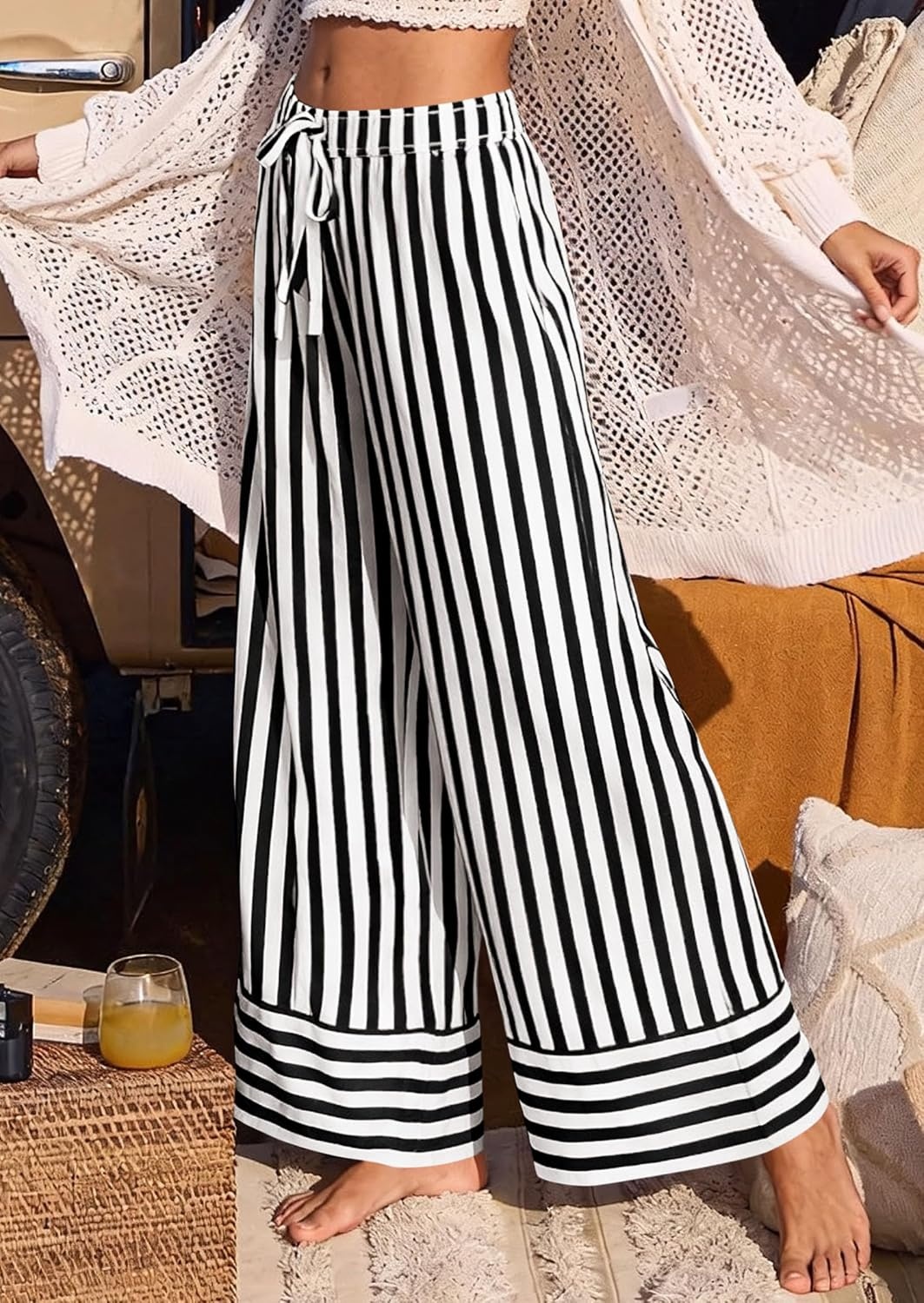 image:imagePRETTYGARDEN Womens Palazzo Pants 2026 Summer Striped Satin Wide Leg High Waisted Flowy Lounge Trousers PocketsStriped Black White