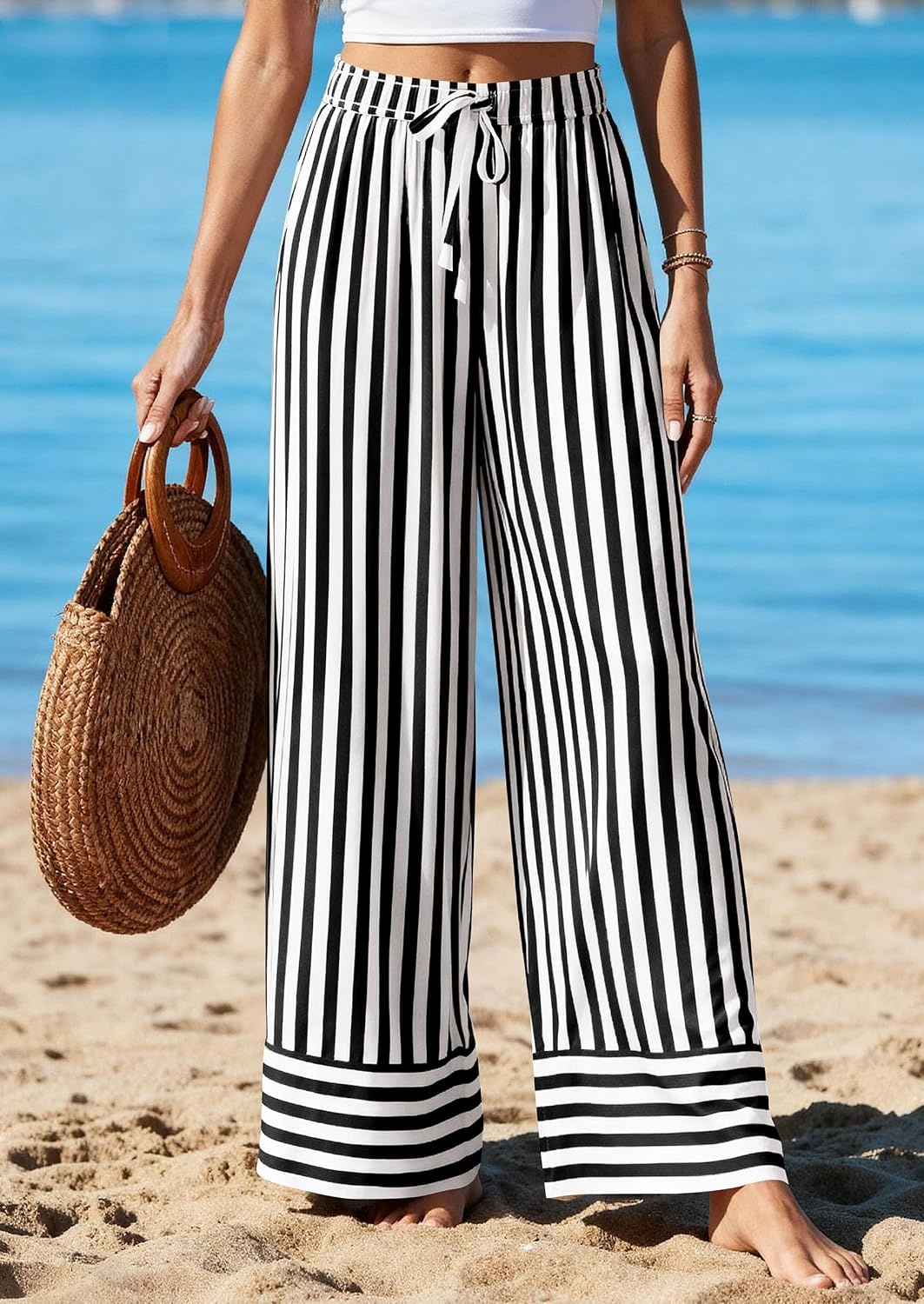 image:imagePRETTYGARDEN Womens Palazzo Pants 2026 Summer Striped Satin Wide Leg High Waisted Flowy Lounge Trousers PocketsStriped Black White