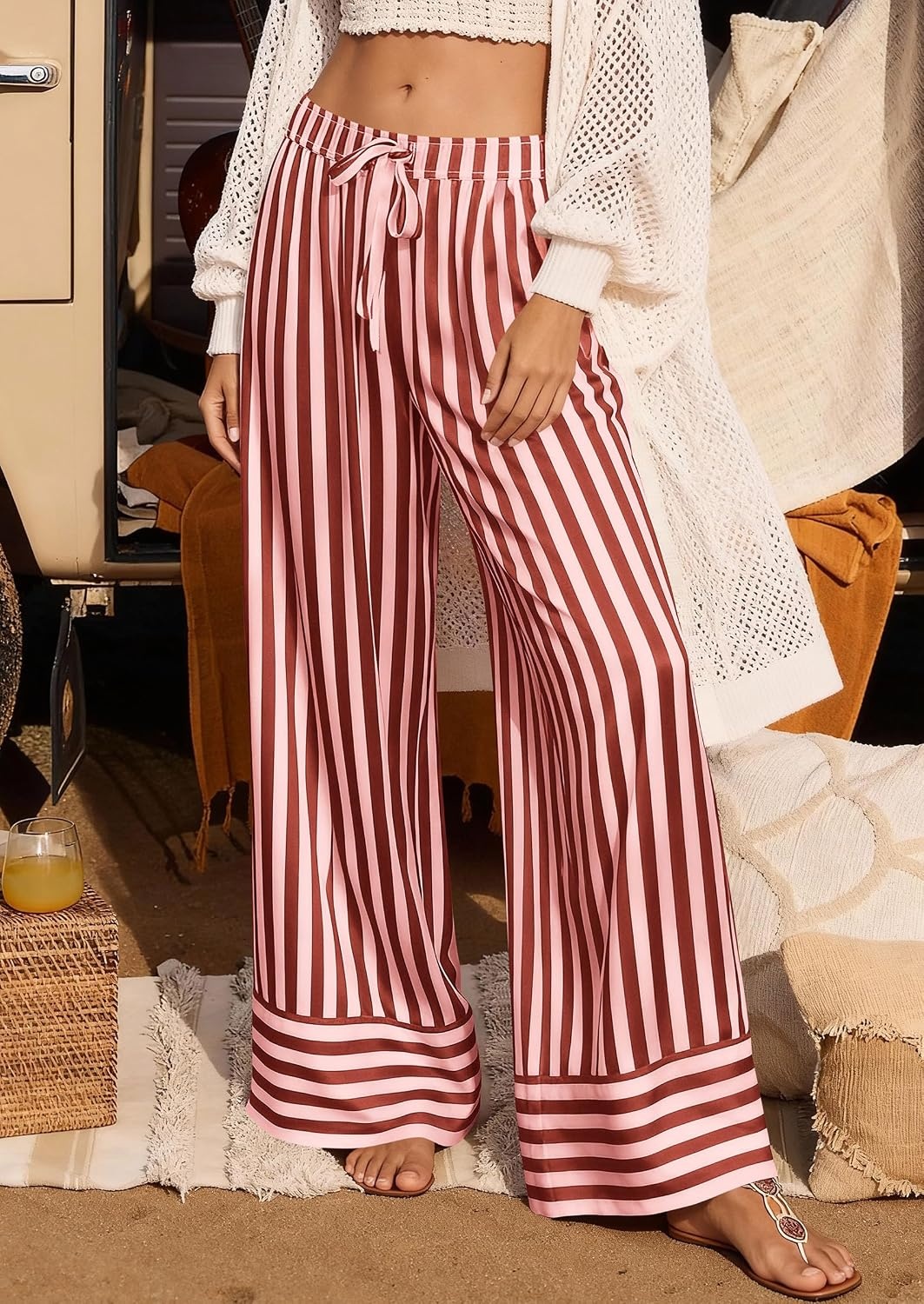 image:imagePRETTYGARDEN Womens Palazzo Pants 2026 Summer Striped Satin Wide Leg High Waisted Flowy Lounge Trousers PocketsStriped Brick Red