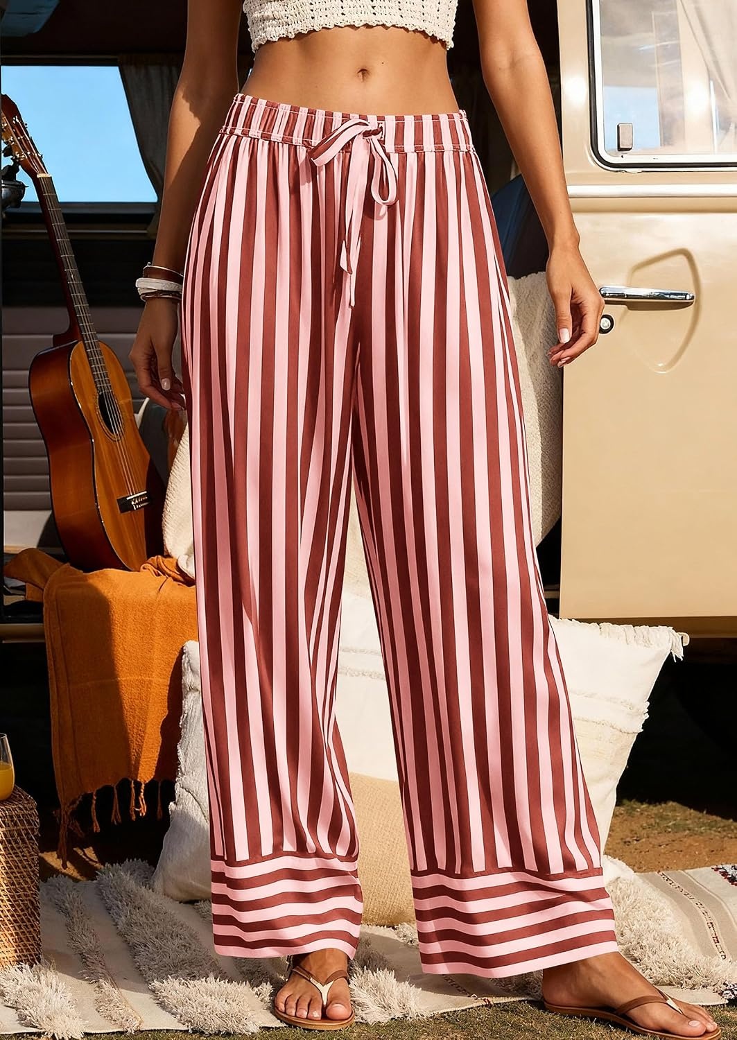 image:imagePRETTYGARDEN Womens Palazzo Pants 2026 Summer Striped Satin Wide Leg High Waisted Flowy Lounge Trousers PocketsStriped Brick Red