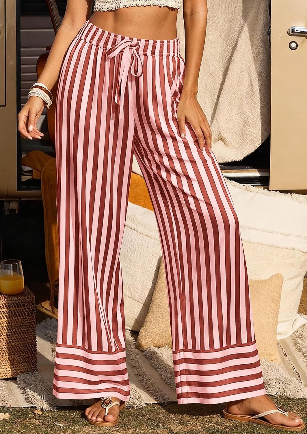 image:imagePRETTYGARDEN Womens Palazzo Pants 2026 Summer Striped Satin Wide Leg High Waisted Flowy Lounge Trousers PocketsStriped Brick Red
