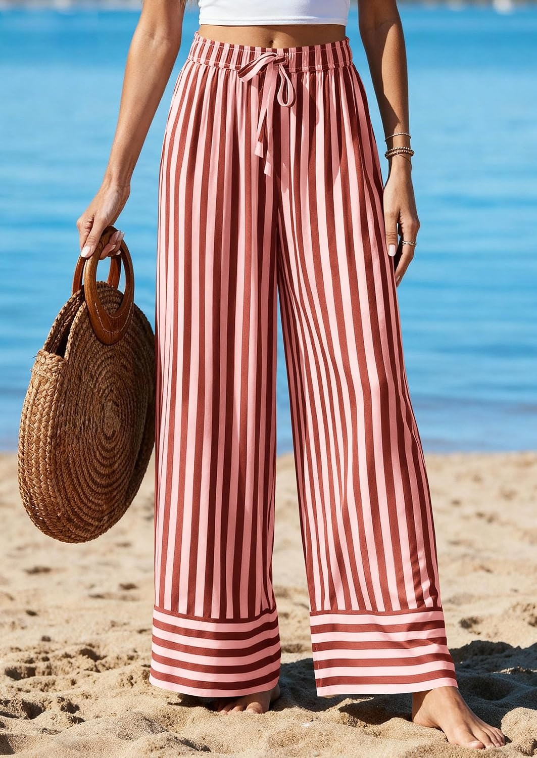 image:imagePRETTYGARDEN Womens Palazzo Pants 2026 Summer Striped Satin Wide Leg High Waisted Flowy Lounge Trousers PocketsStriped Brick Red
