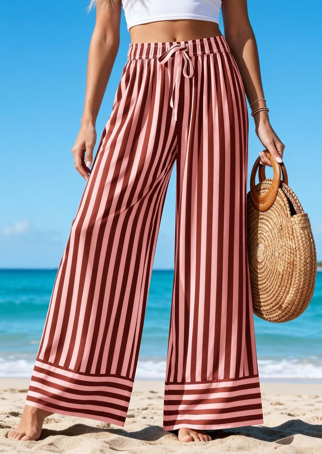 image:imagePRETTYGARDEN Womens Palazzo Pants 2026 Summer Striped Satin Wide Leg High Waisted Flowy Lounge Trousers PocketsStriped Brick Red