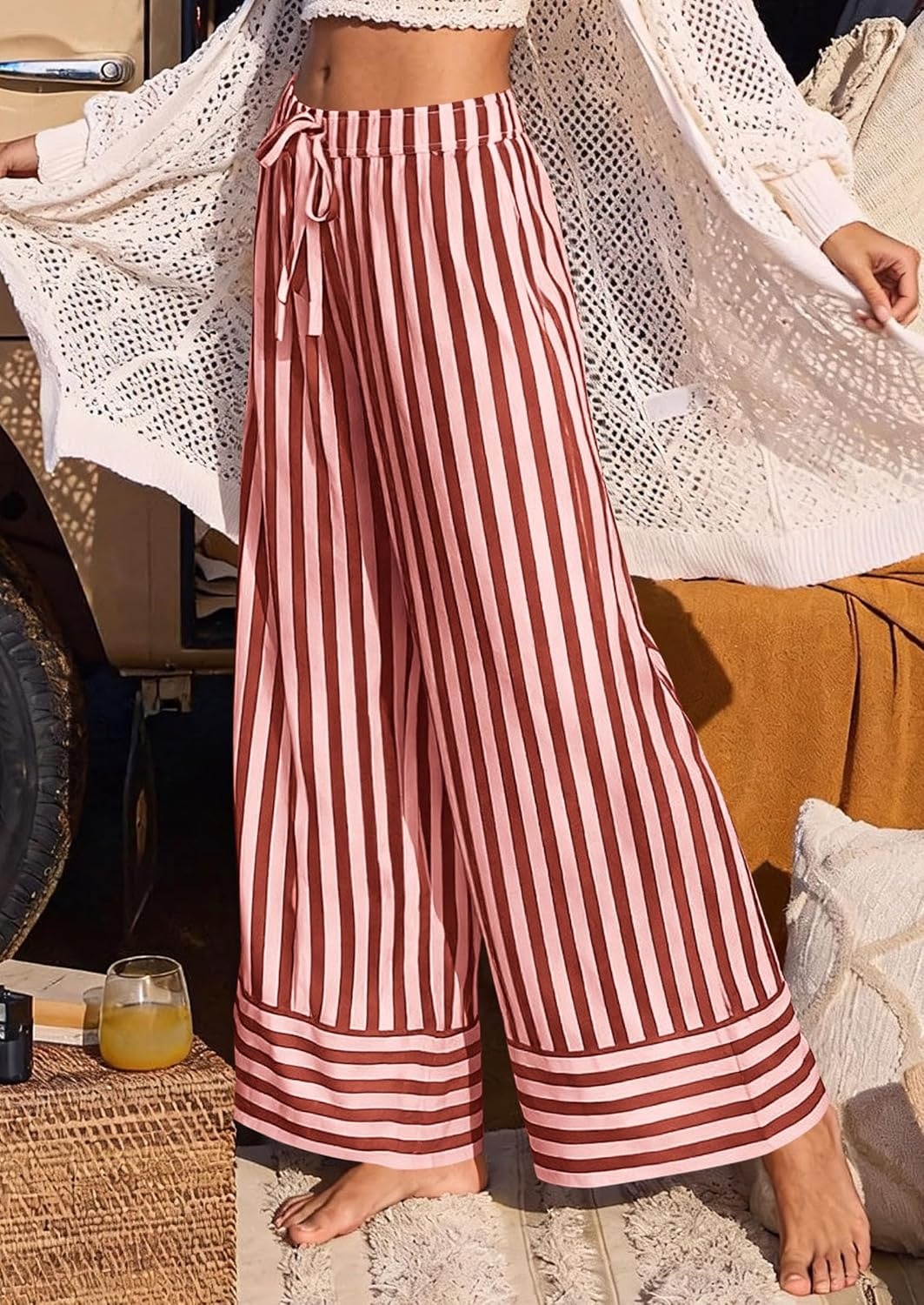 image:imagePRETTYGARDEN Womens Palazzo Pants 2026 Summer Striped Satin Wide Leg High Waisted Flowy Lounge Trousers PocketsStriped Brick Red