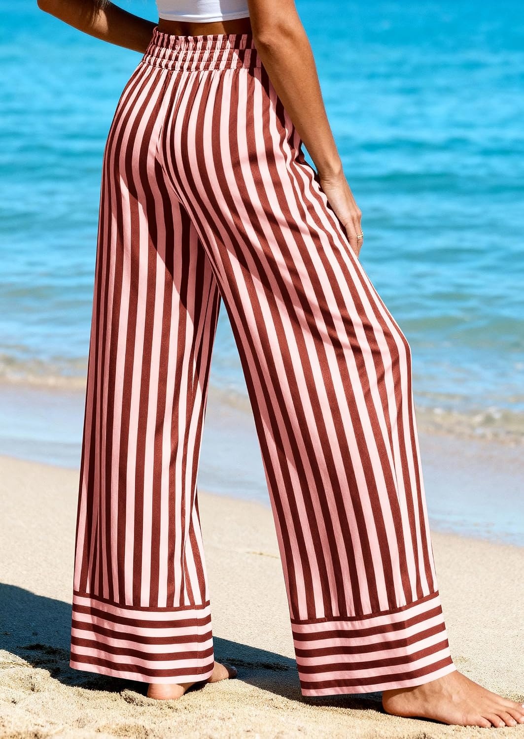 image:imagePRETTYGARDEN Womens Palazzo Pants 2026 Summer Striped Satin Wide Leg High Waisted Flowy Lounge Trousers PocketsStriped Brick Red