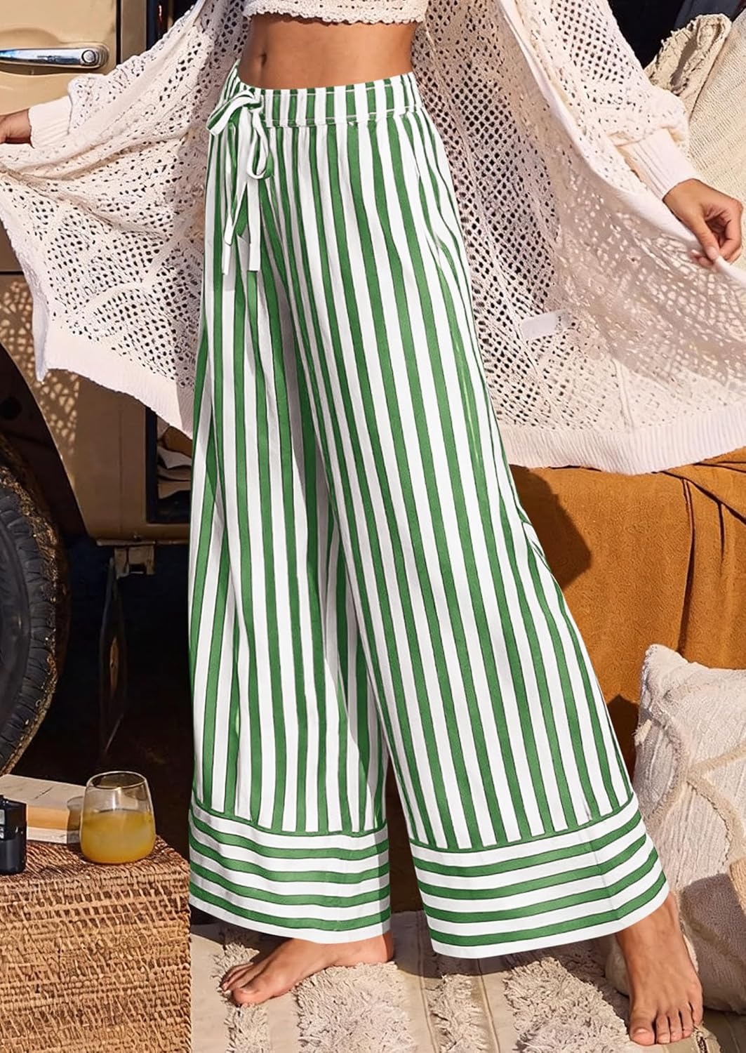 image:imagePRETTYGARDEN Womens Palazzo Pants 2026 Summer Striped Satin Wide Leg High Waisted Flowy Lounge Trousers PocketsStriped Green White