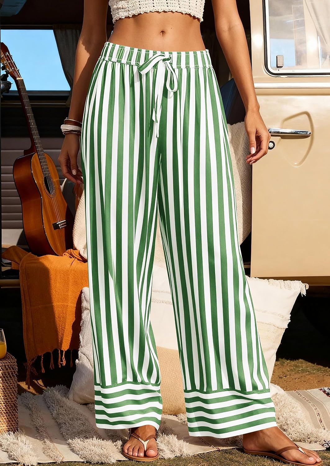image:imagePRETTYGARDEN Womens Palazzo Pants 2026 Summer Striped Satin Wide Leg High Waisted Flowy Lounge Trousers PocketsStriped Green White