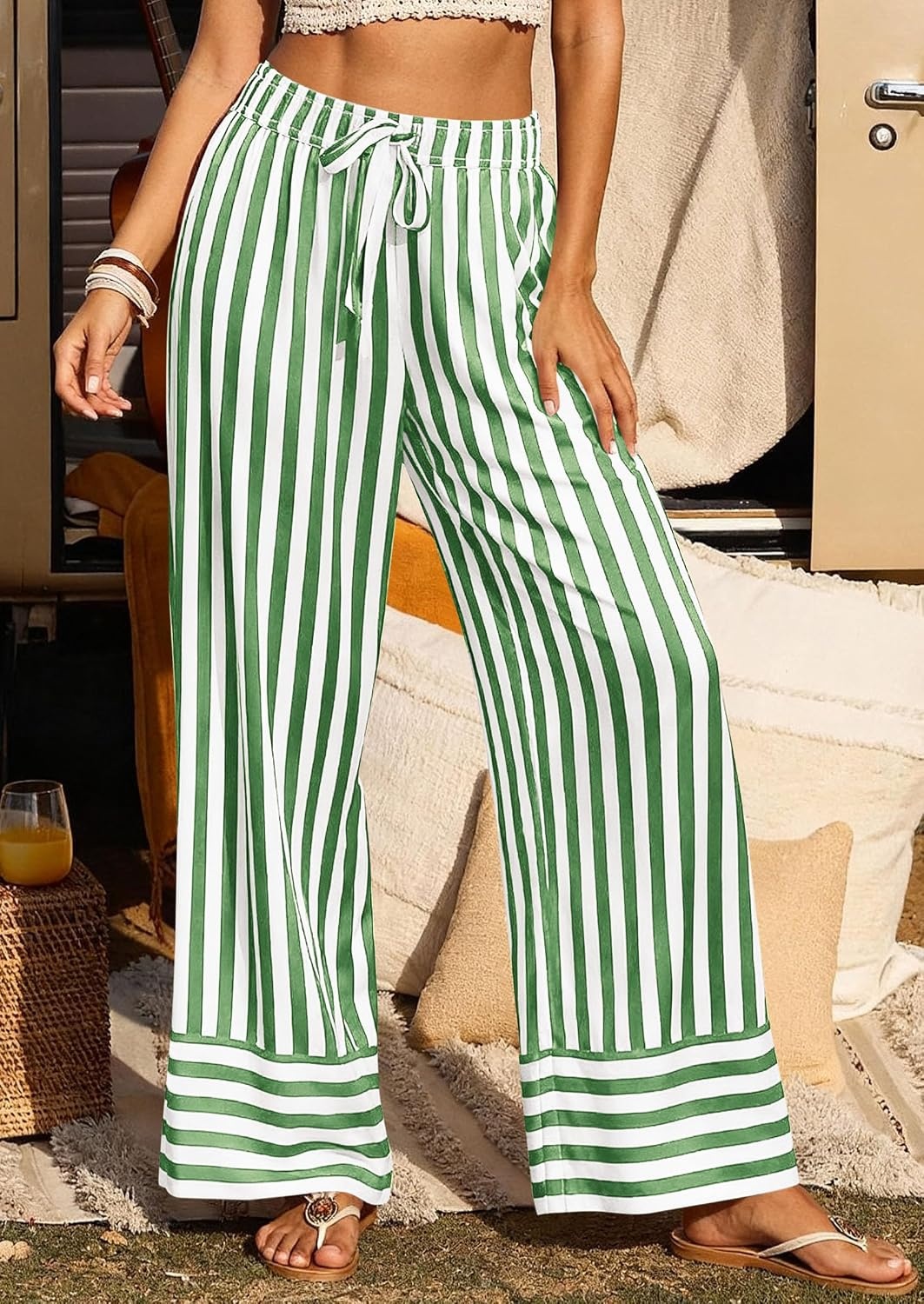 image:imagePRETTYGARDEN Womens Palazzo Pants 2026 Summer Striped Satin Wide Leg High Waisted Flowy Lounge Trousers PocketsStriped Green White